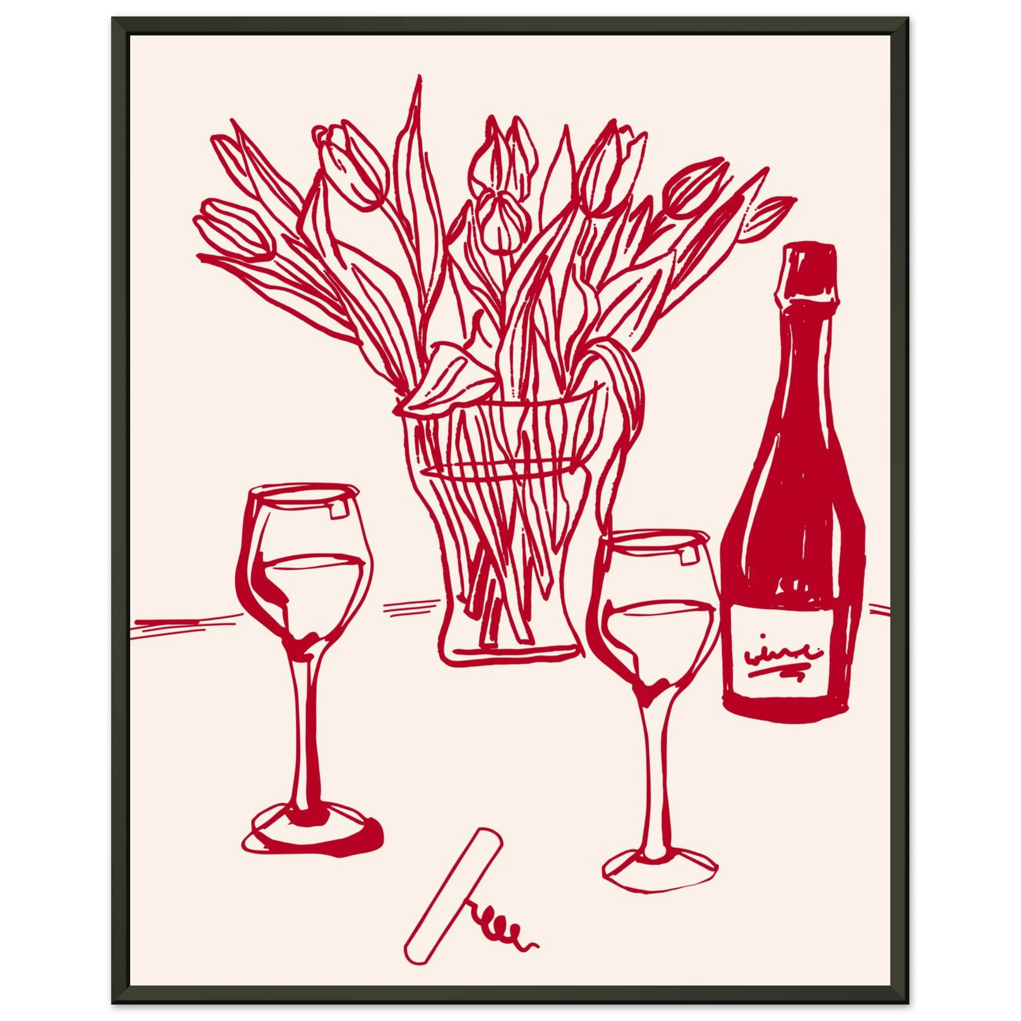 Red Wine & Tulips Print | Line Art Wine Bottle Wall Art | Kitchen Poster - Evergreen Posters