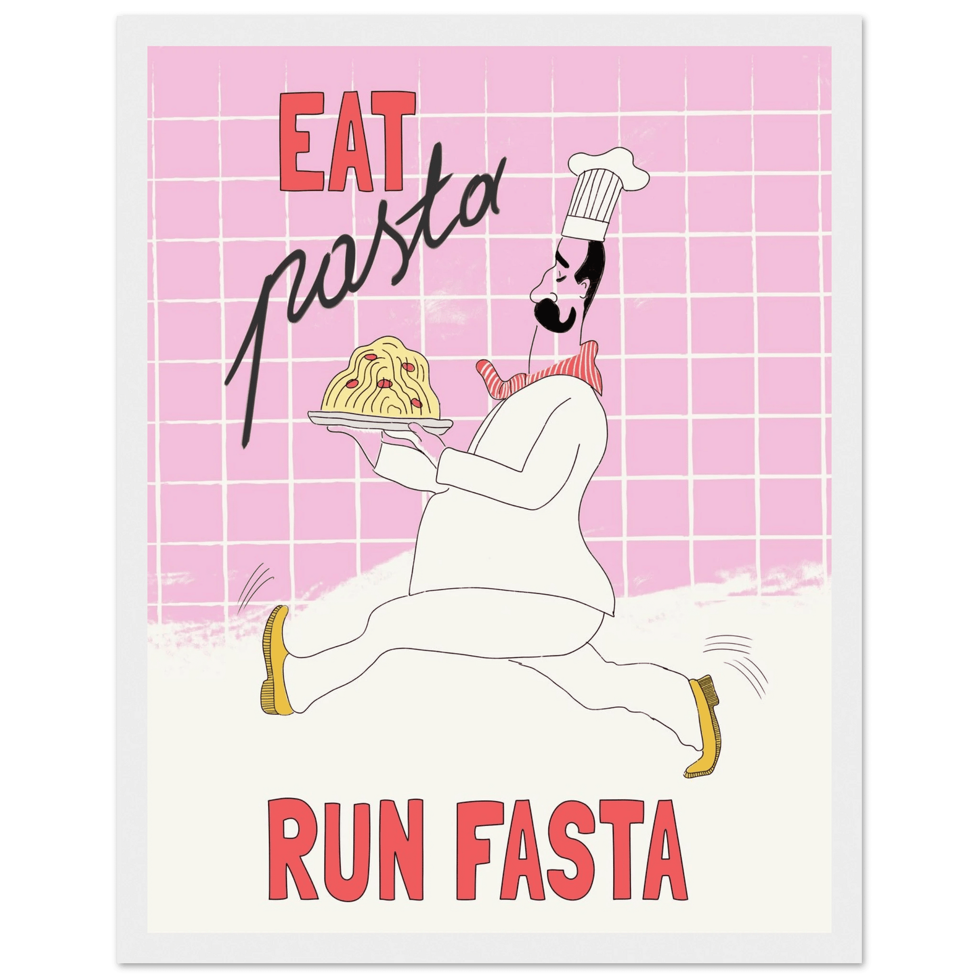 Eat Pasta Run Fasta Poster – Playful Kitchen Wall Art Print (Light Pink) - Evergreen Posters