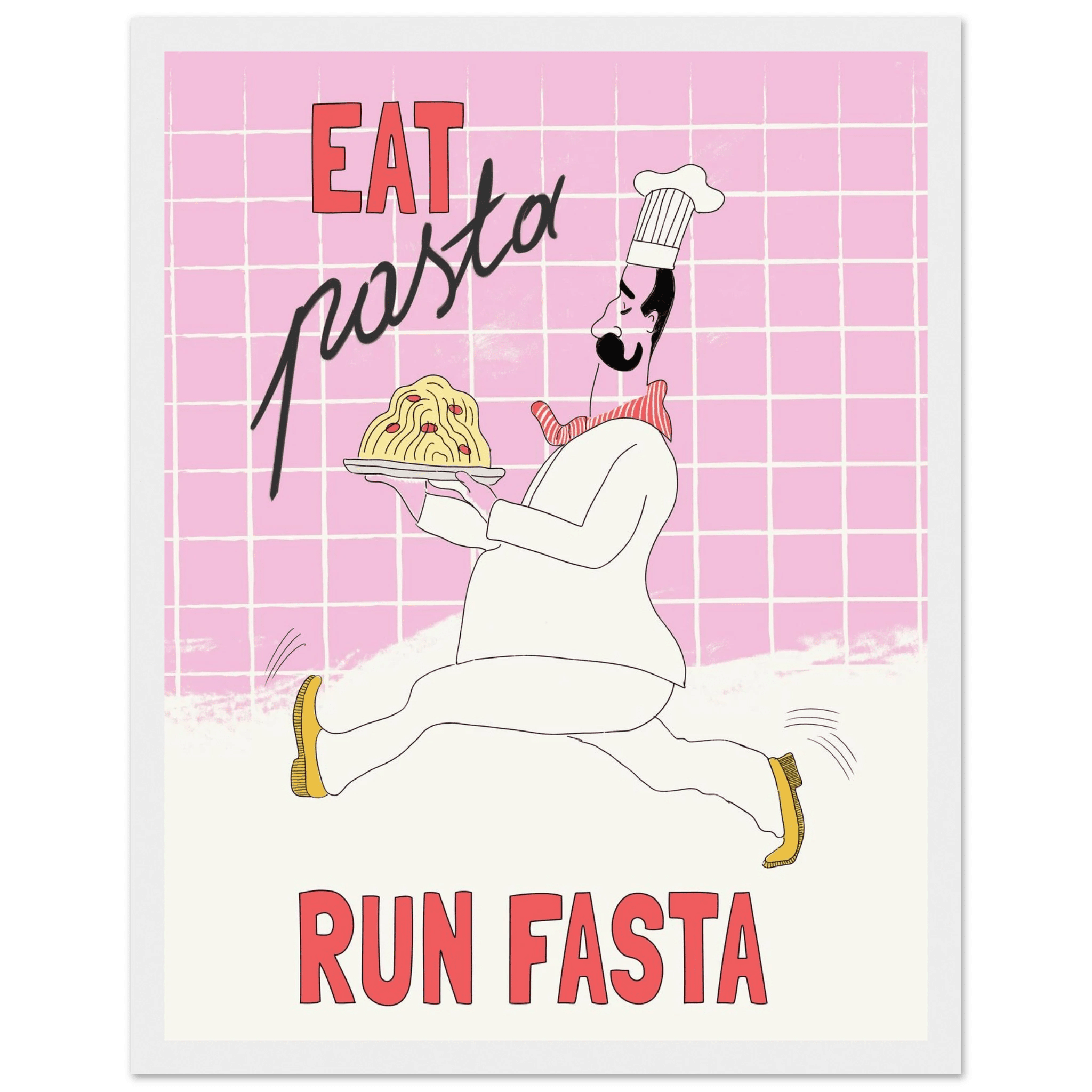 Eat Pasta Run Fasta Poster – Playful Kitchen Wall Art Print (Light Pink) - Evergreen Posters