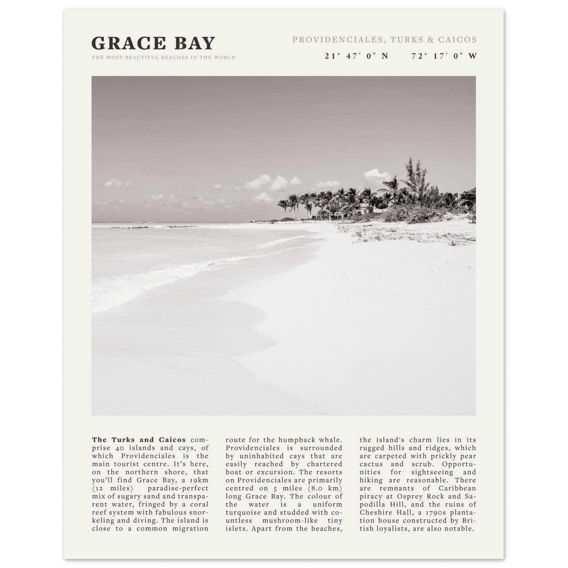 Grace Bay Poster | Black & White Turks & Caicos Wall Art | Caribbean Beach Print - Evergreen Posters