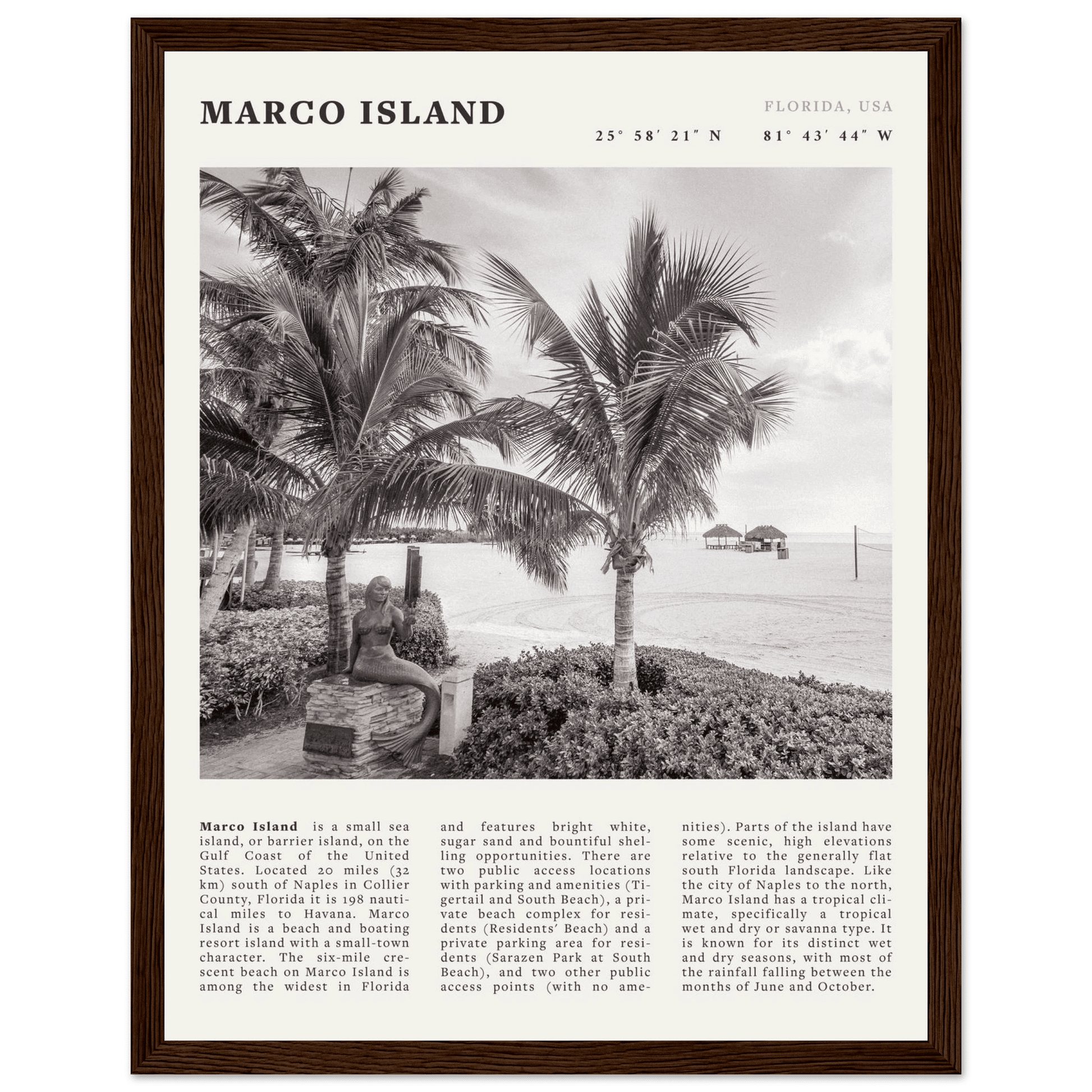 Marco Island Poster | Black & White Florida Beach Wall Art | Coastal Travel Print - Evergreen Posters
