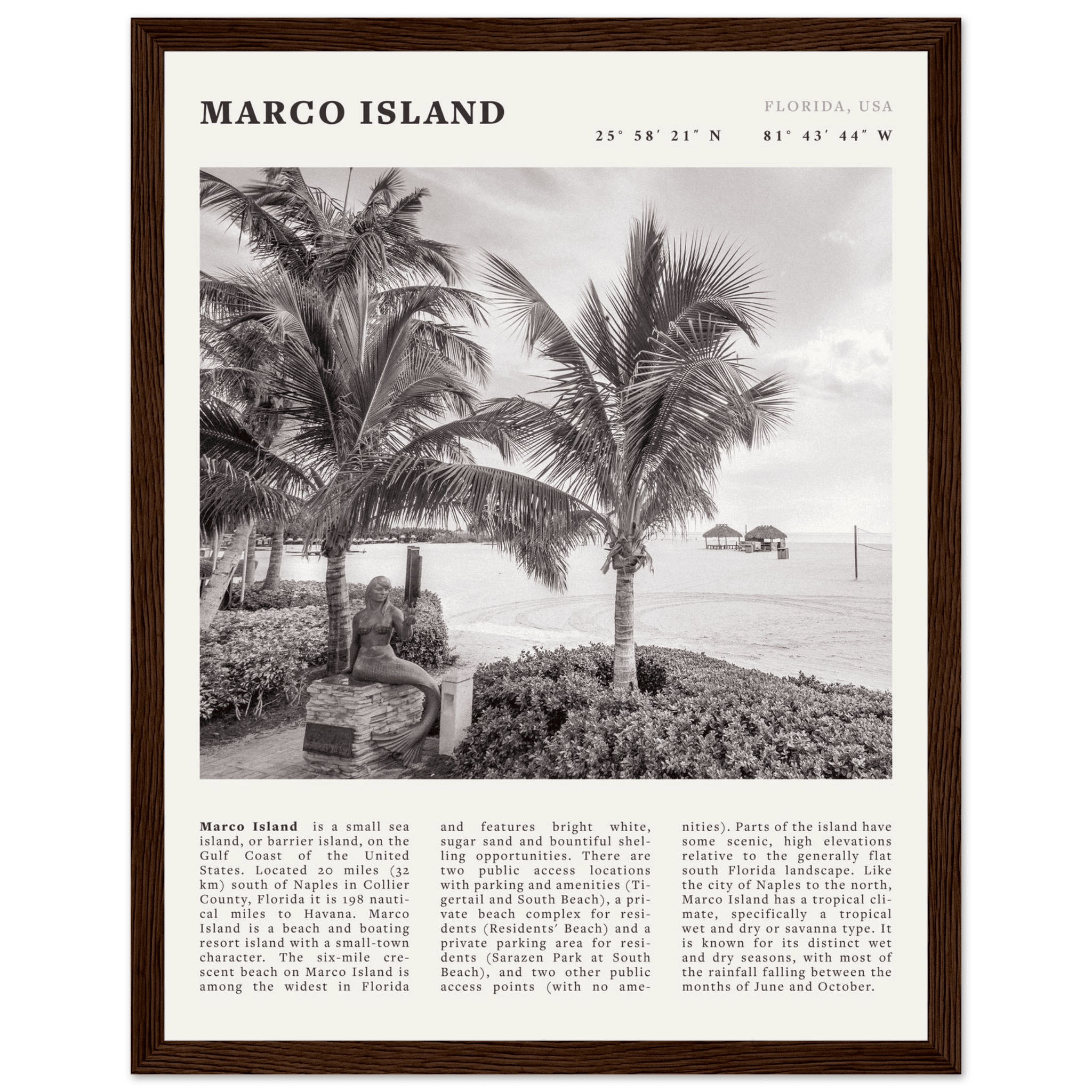 Marco Island Poster | Black & White Florida Beach Wall Art | Coastal Travel Print - Evergreen Posters