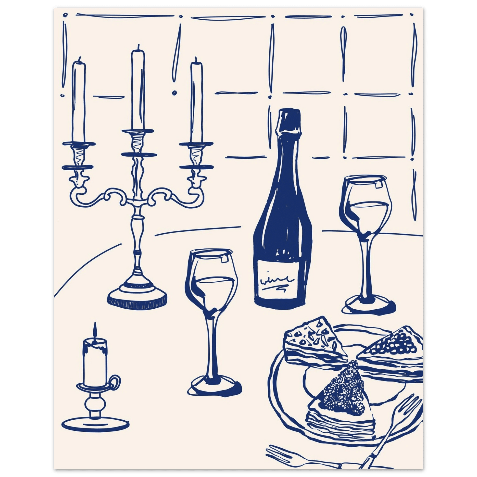 Candlelight Dinner Print | Navy Blue Wine & Candelabra Line Art | Kitchen Poster - Evergreen Posters