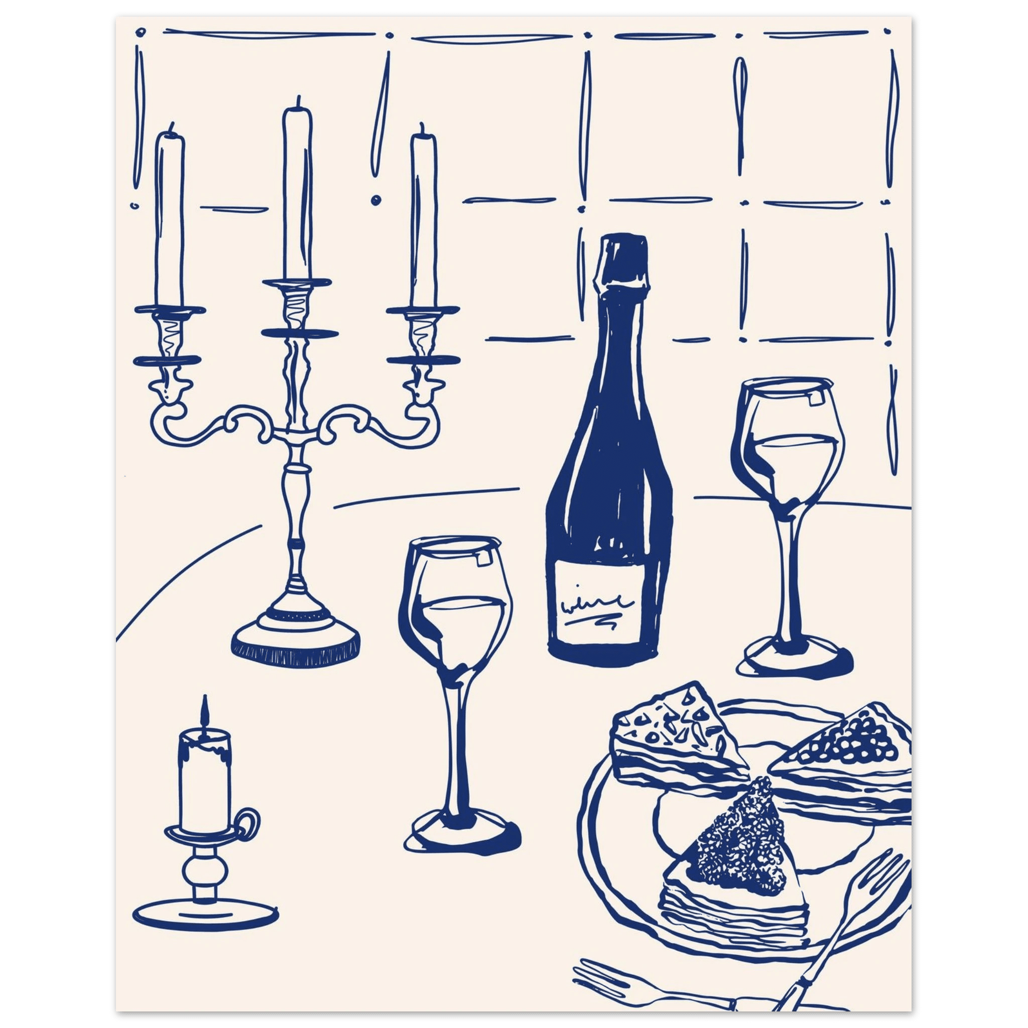 Candlelight Dinner Print | Navy Blue Wine & Candelabra Line Art | Kitchen Poster - Evergreen Posters