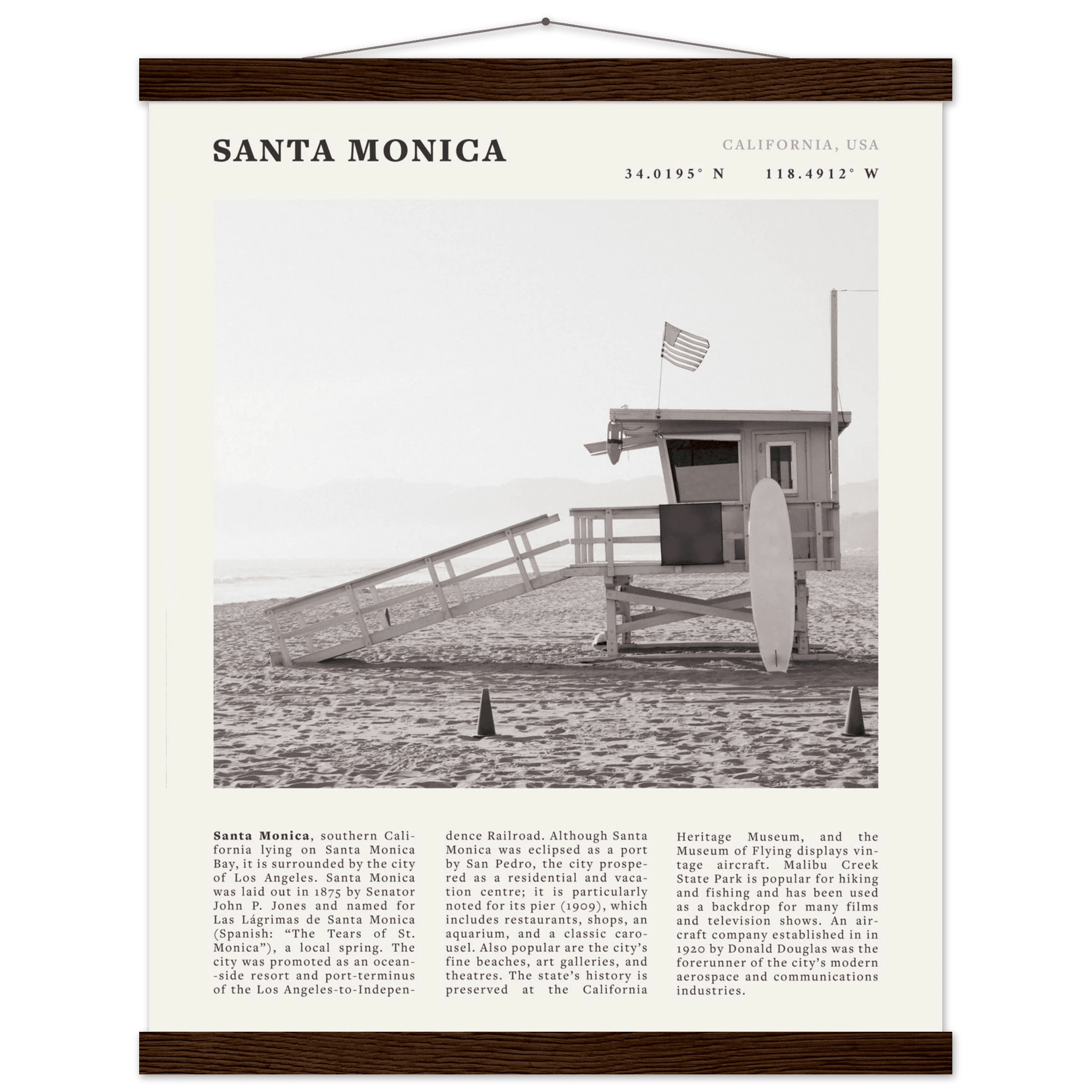 Santa Monica Poster | Black & White California Wall Art | Beach Travel Print | Coastal Decor - Evergreen Posters