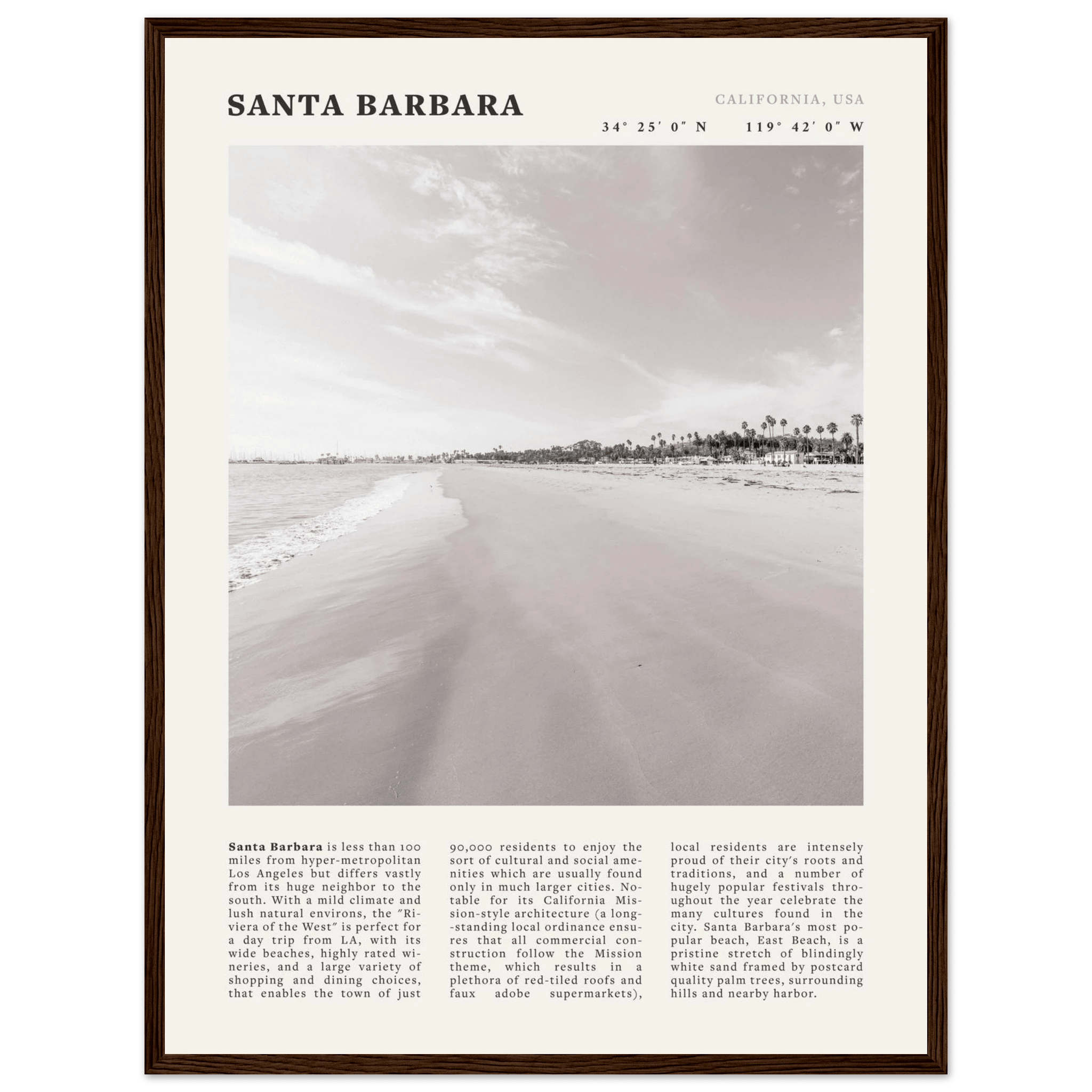 Santa Barbara Poster | Black & White California Beach Wall Art | CA Travel Print - Evergreen Posters