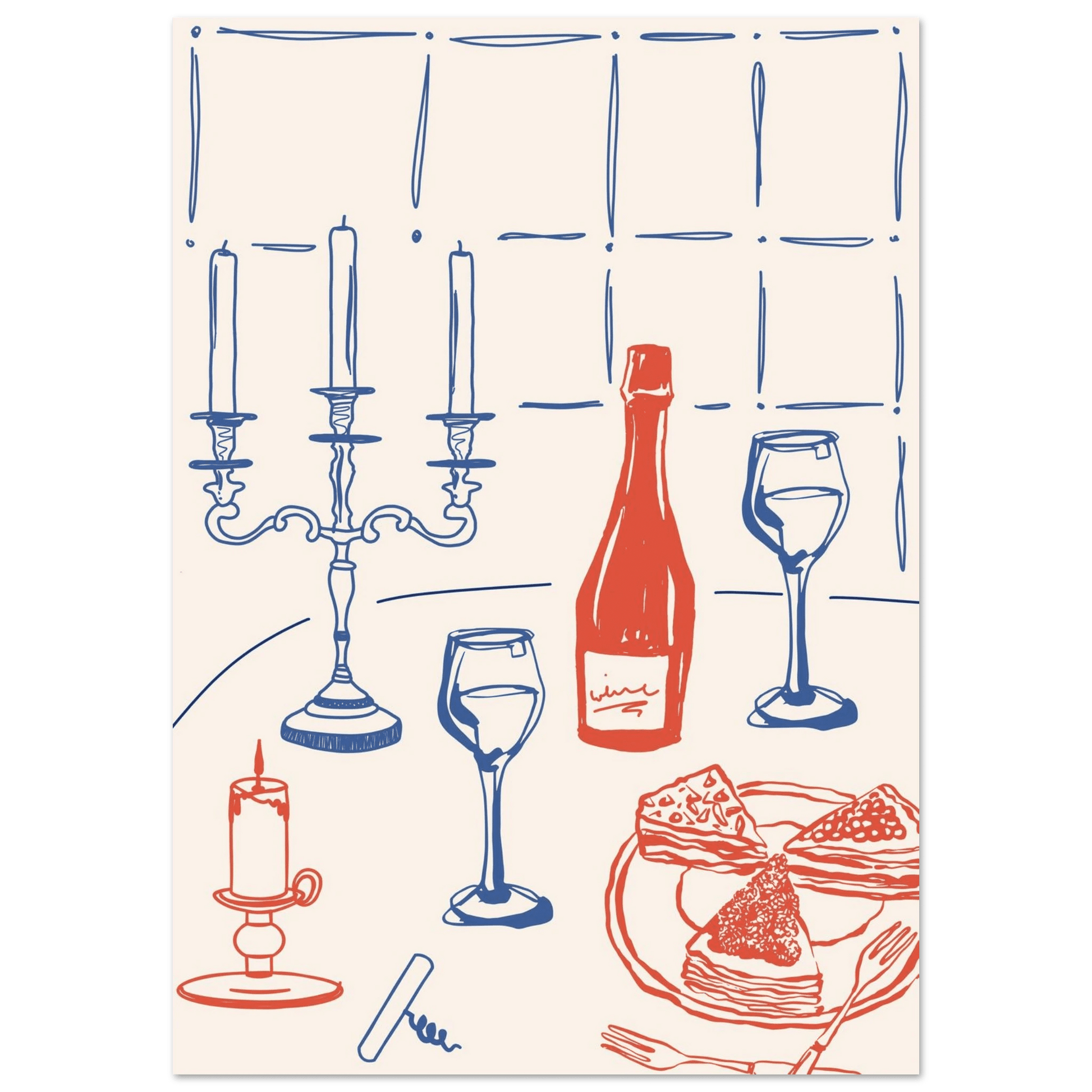Candlelight Dinner Print | Wine & Candelabra Line Art Wall Art | Kitchen Poster - Evergreen Posters