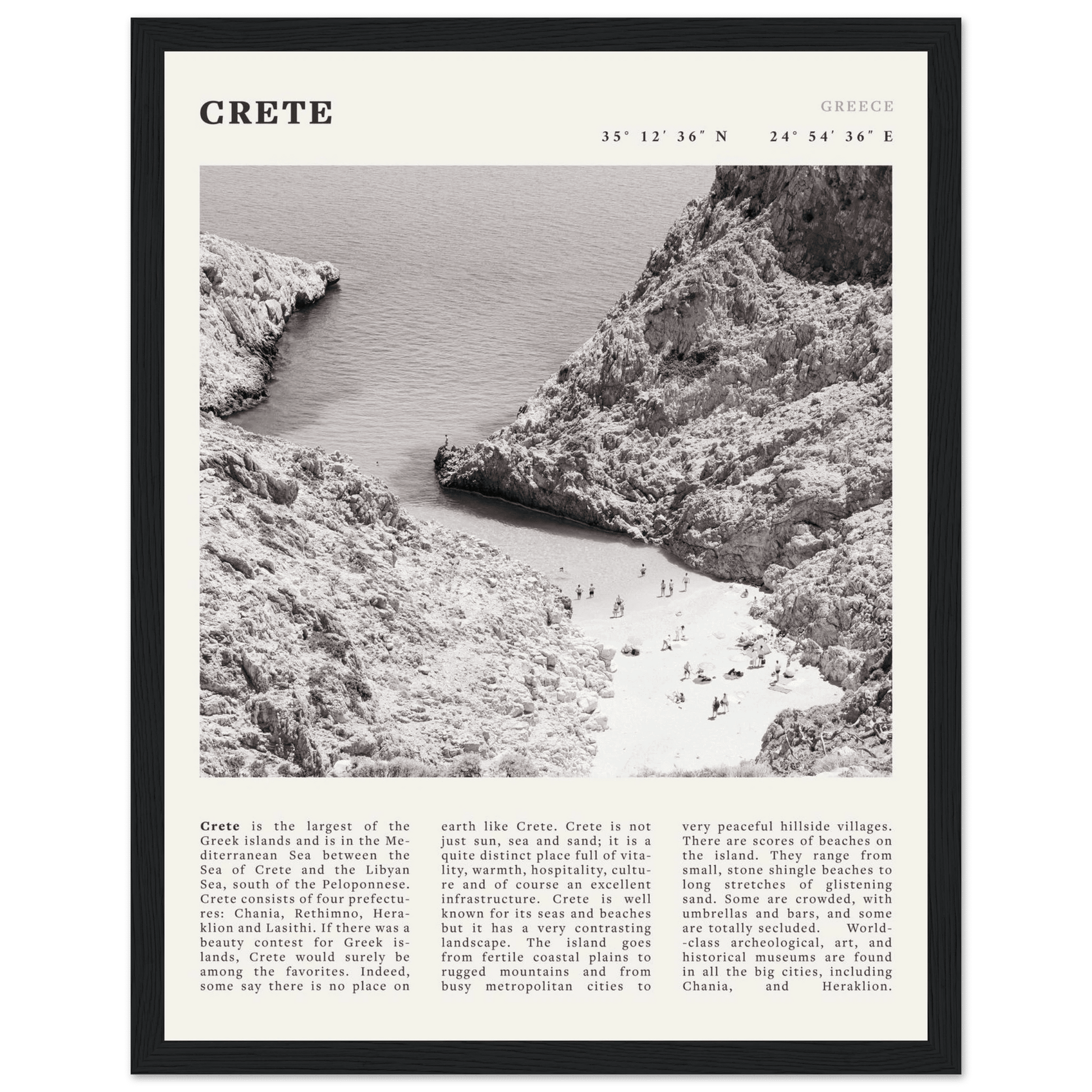 Crete Poster | Black & White Greece Beach Wall Art | Mediterranean Travel Print - Evergreen Posters