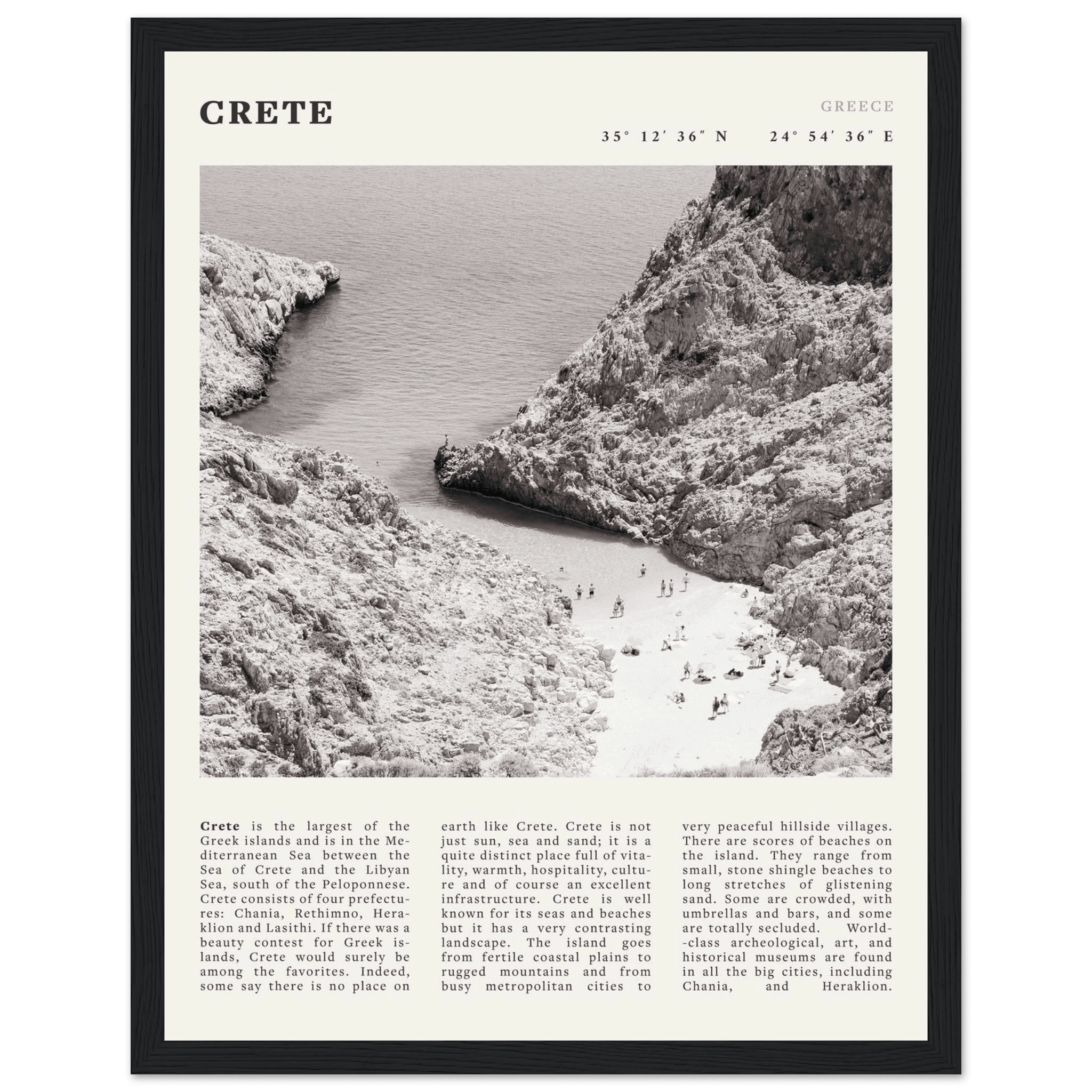 Crete Poster | Black & White Greece Beach Wall Art | Mediterranean Travel Print - Evergreen Posters