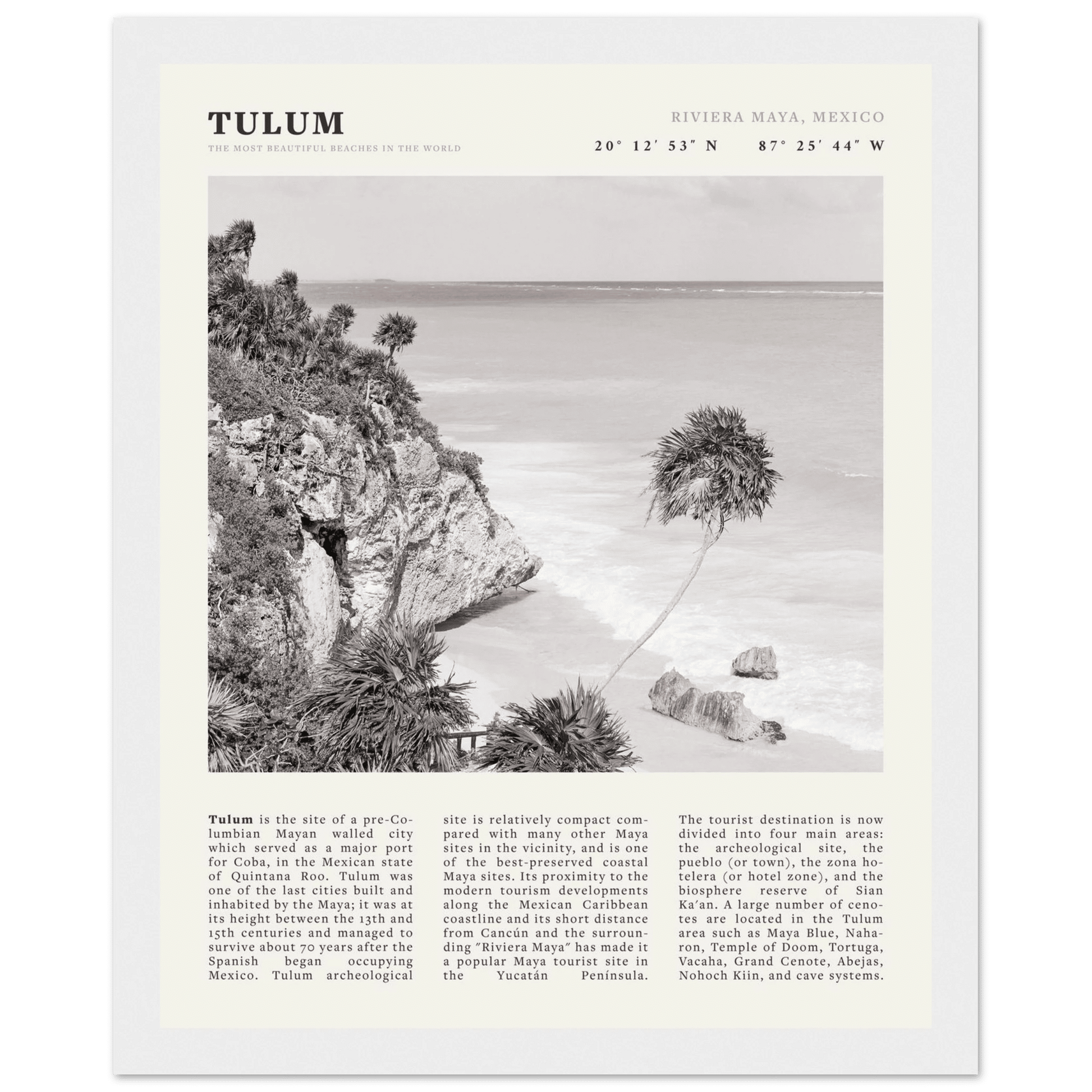 Tulum Poster | Black & White Riviera Maya Mexico Wall Art | Beach Travel Print - Evergreen Posters