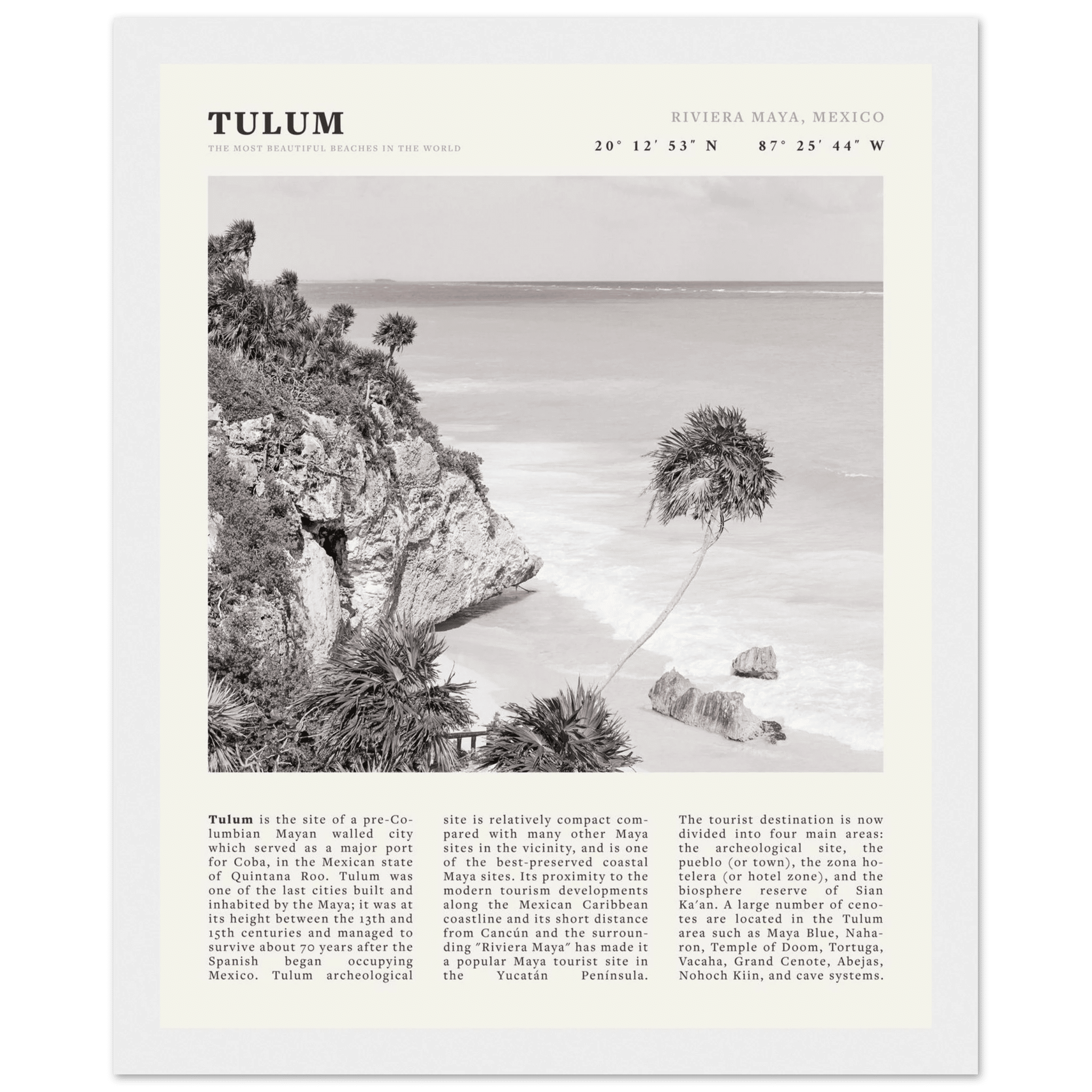 Tulum Poster | Black & White Riviera Maya Mexico Wall Art | Beach Travel Print - Evergreen Posters