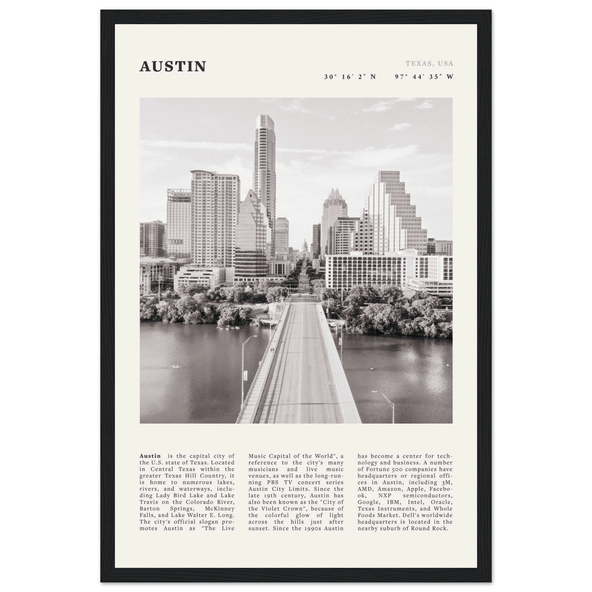 Austin Poster | Black & White Texas Skyline Wall Art | City Travel Print Decor - Evergreen Posters