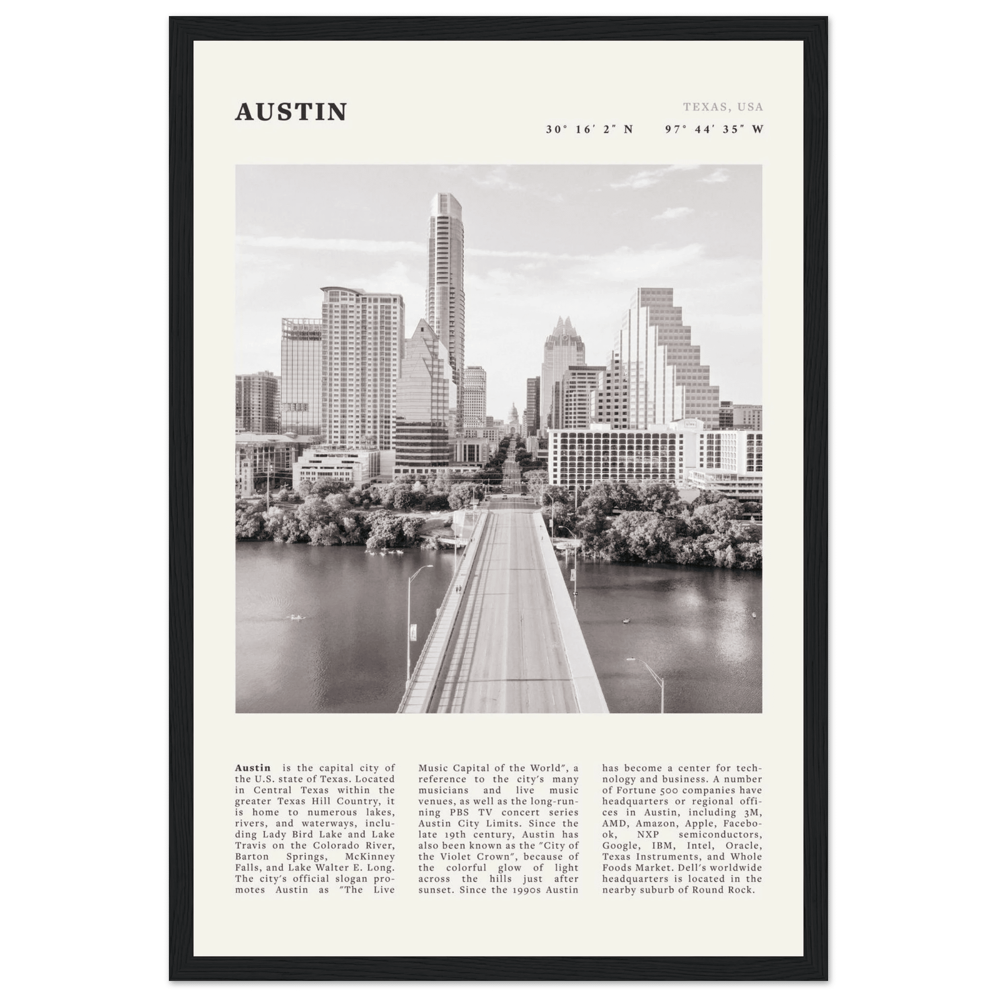 Austin Poster | Black & White Texas Skyline Wall Art | City Travel Print Decor - Evergreen Posters