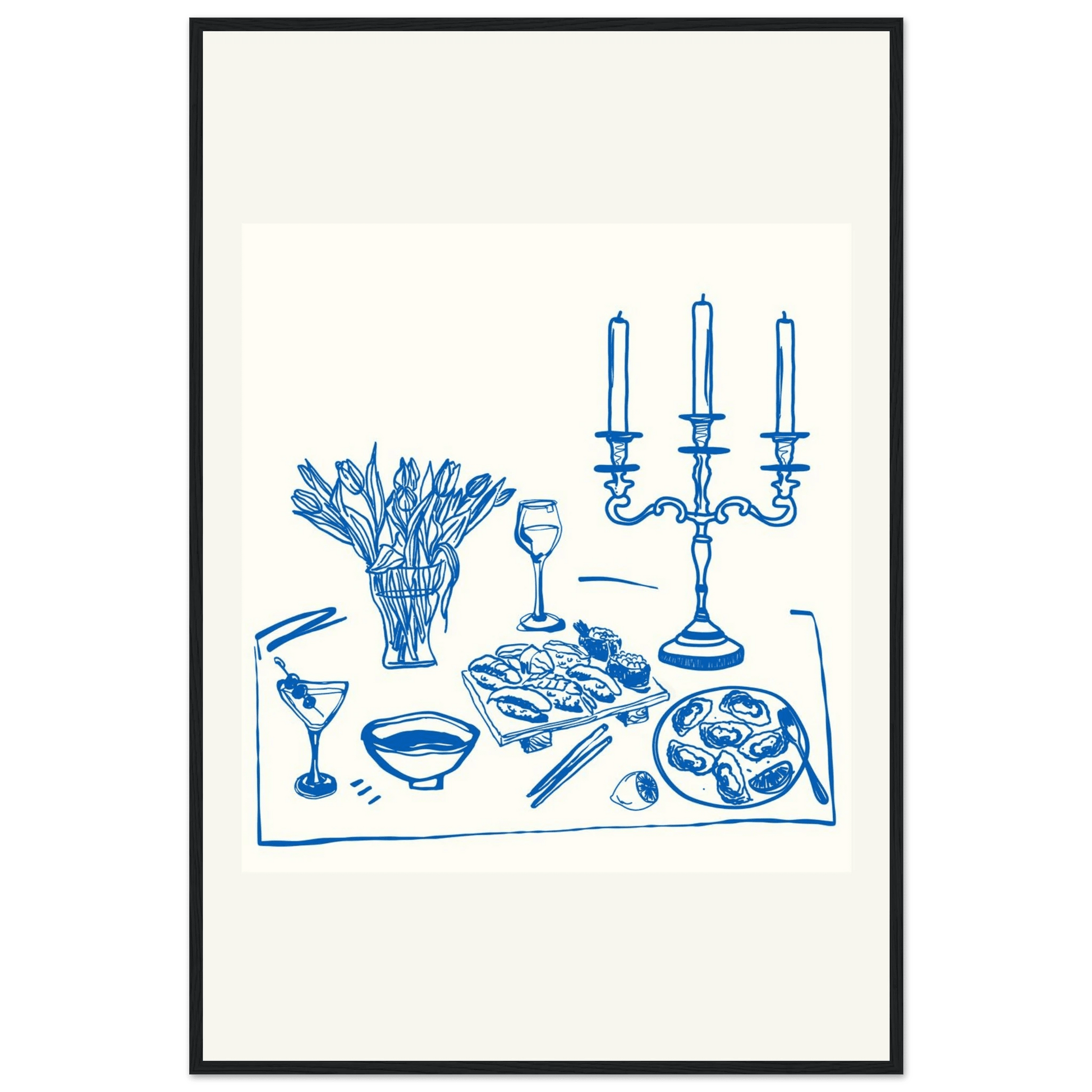 Fine Dining Table Print | Blue Line Art Kitchen Wall Art | Elegant Dining Room Poster - Evergreen Posters