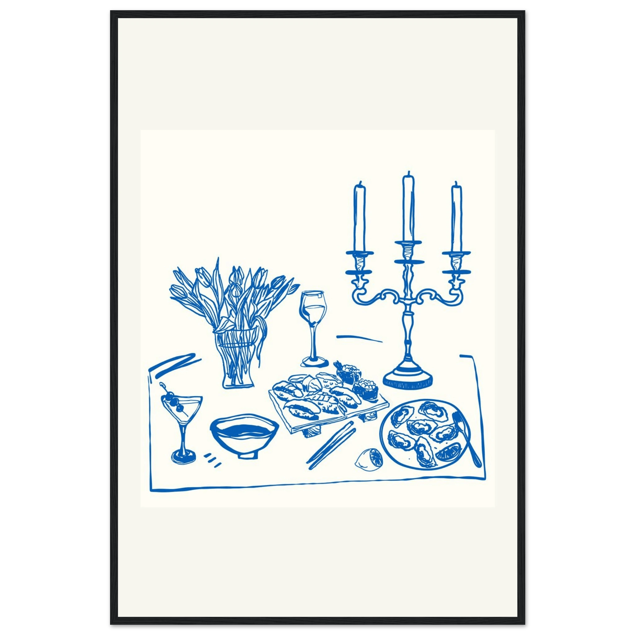 Fine Dining Table Print | Blue Line Art Kitchen Wall Art | Elegant Dining Room Poster - Evergreen Posters