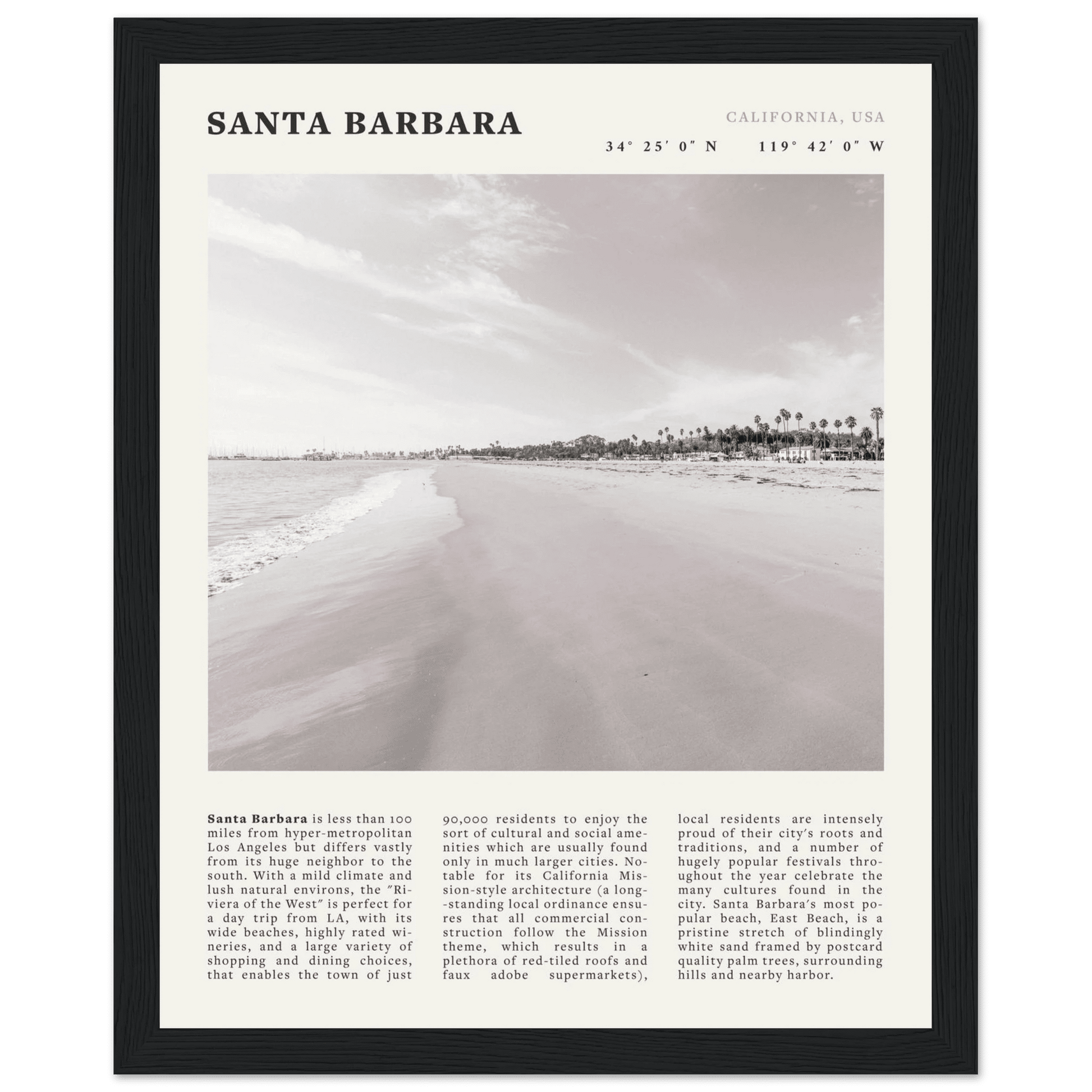 Santa Barbara Poster | Black & White California Beach Wall Art | CA Travel Print - Evergreen Posters