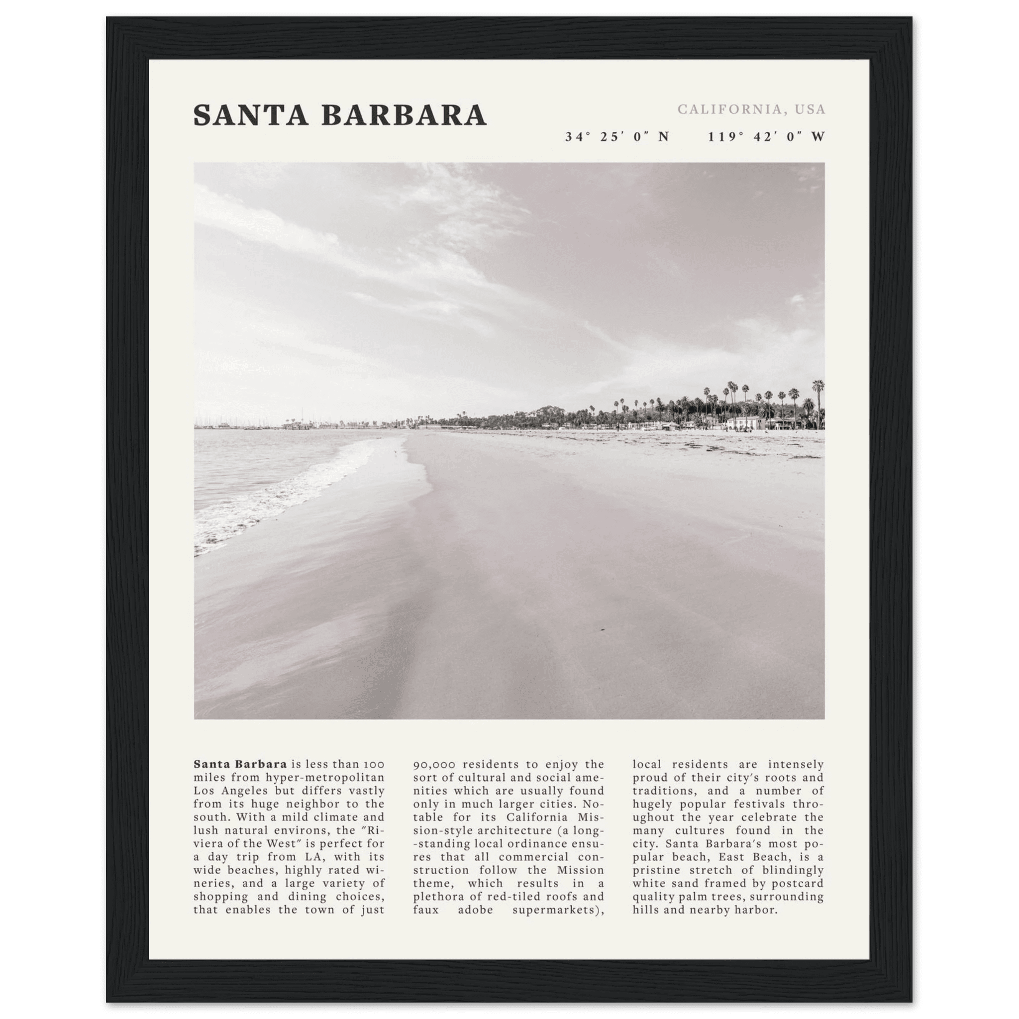 Santa Barbara Poster | Black & White California Beach Wall Art | CA Travel Print - Evergreen Posters