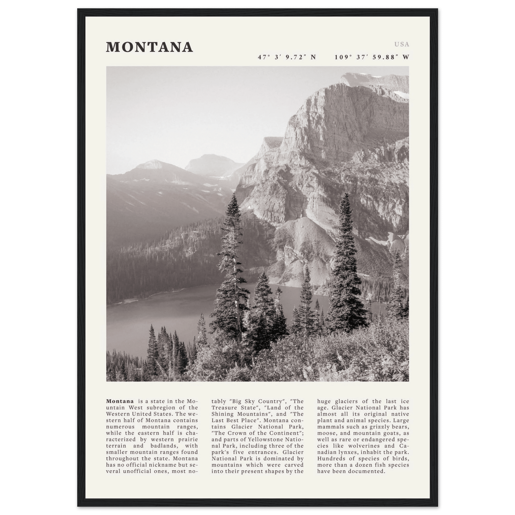 Montana Poster | Black & White Glacier National Park Wall Art | Nature Travel Print - Evergreen Posters