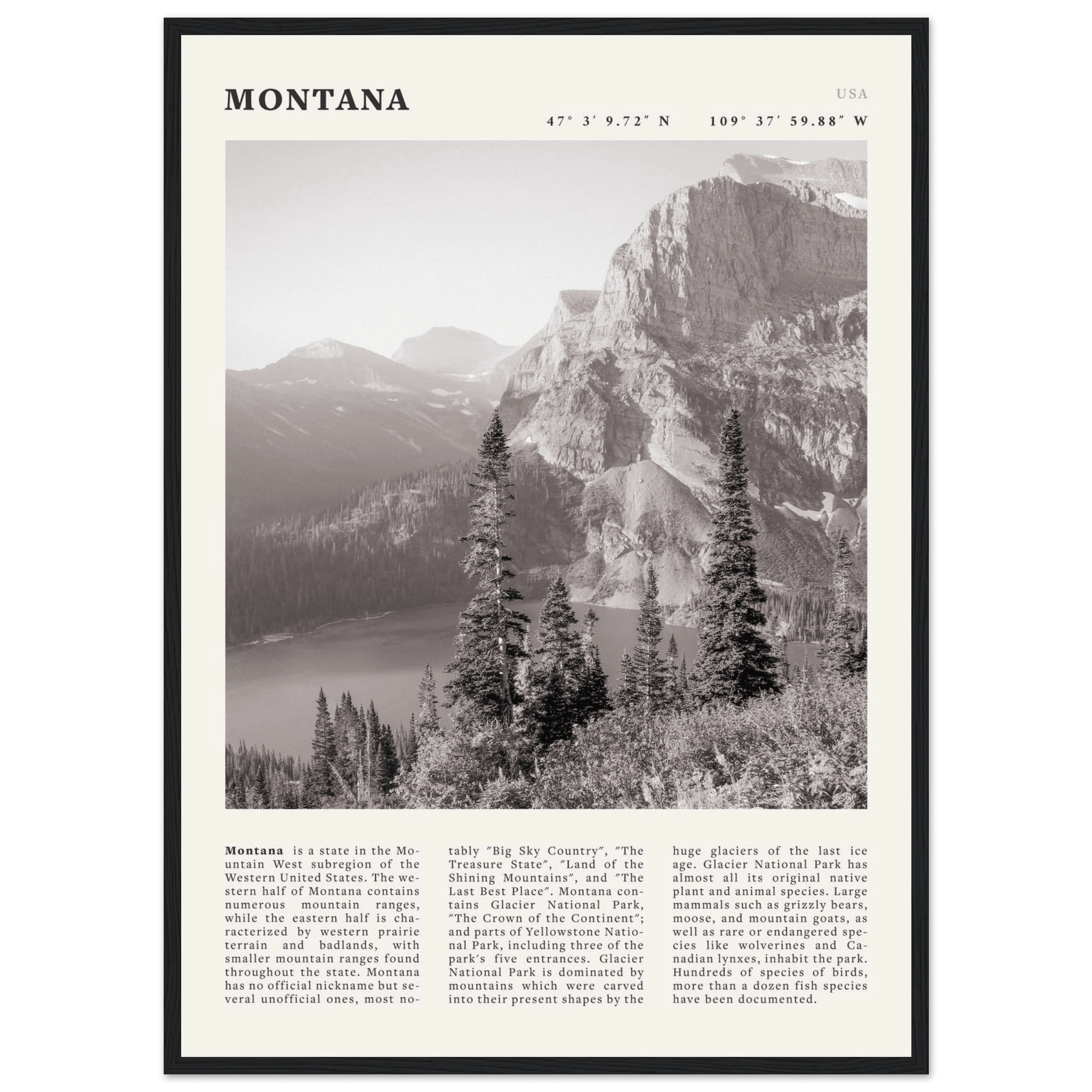 Montana Poster | Black & White Glacier National Park Wall Art | Nature Travel Print - Evergreen Posters