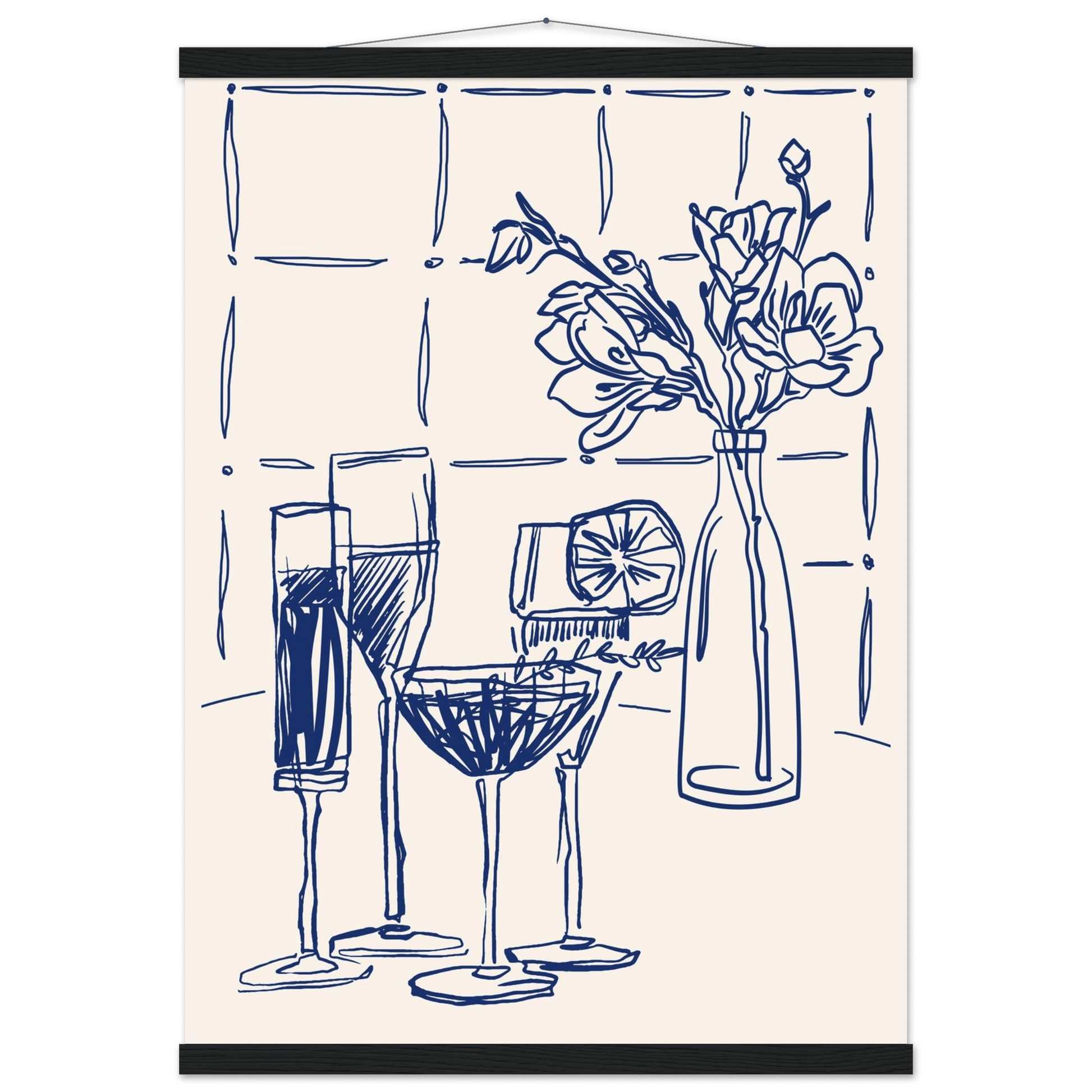 Cocktails & Flowers Print | Navy Blue Line Art Drinks Wall Art | Kitchen Bar Poster - Evergreen Posters