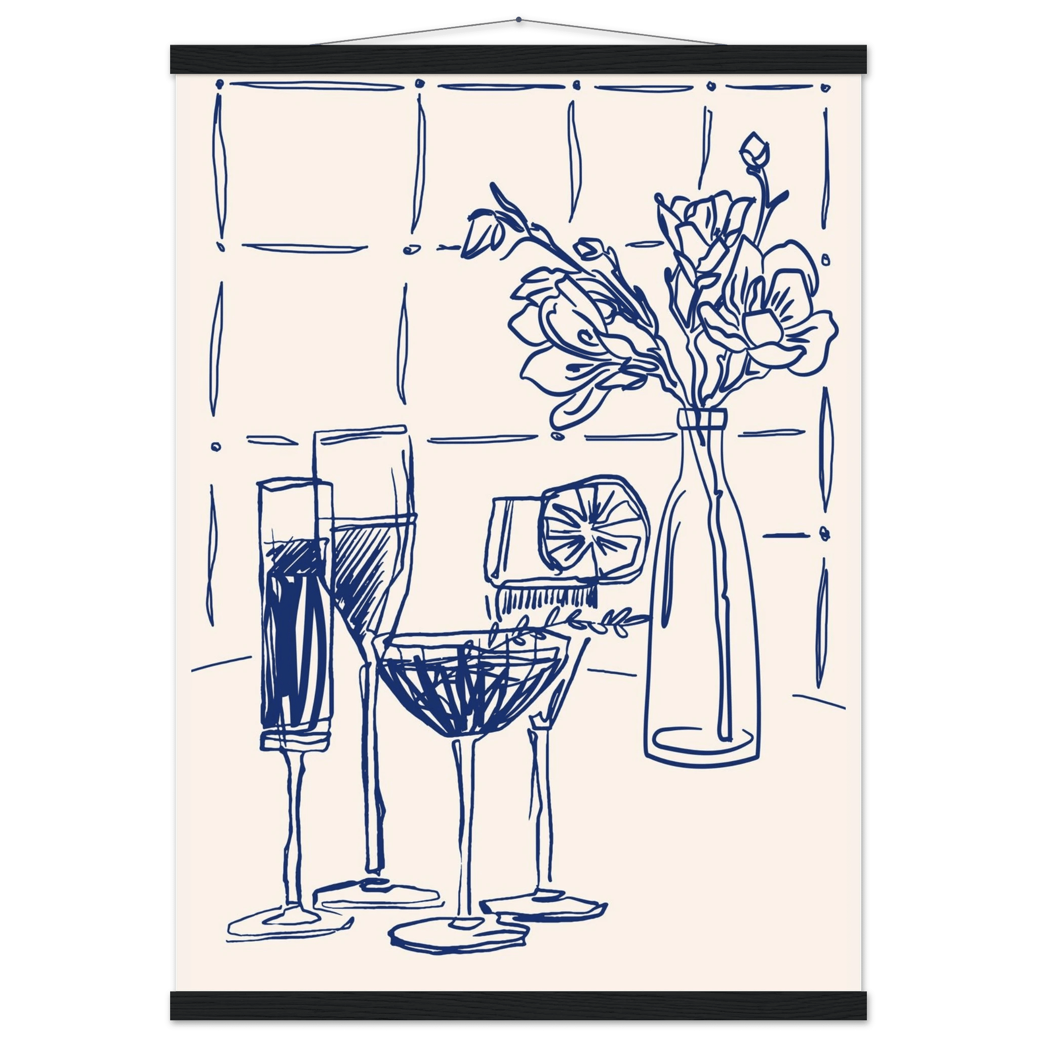 Cocktails & Flowers Print | Navy Blue Line Art Drinks Wall Art | Kitchen Bar Poster - Evergreen Posters