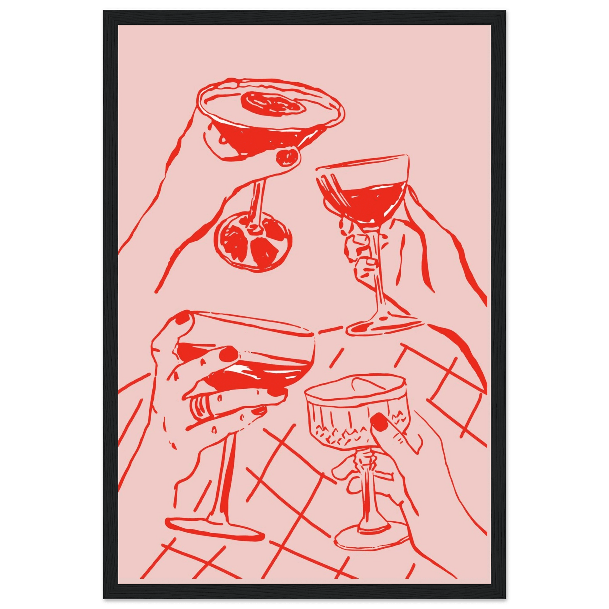 Cheers Print | Red & Pink Cocktail Glasses Wall Art | Kitchen Bar Poster - Evergreen Posters