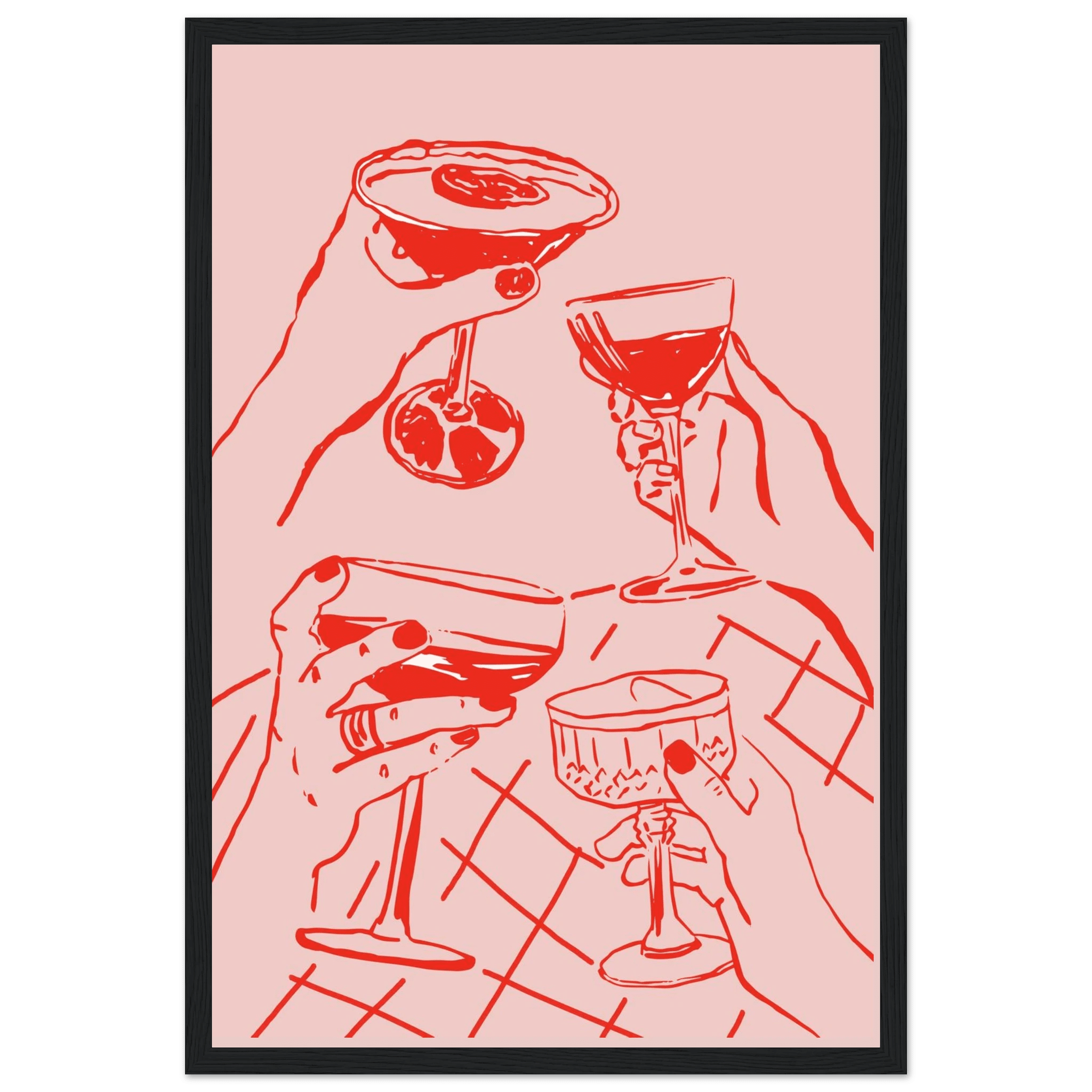 Cheers Print | Red & Pink Cocktail Glasses Wall Art | Kitchen Bar Poster - Evergreen Posters