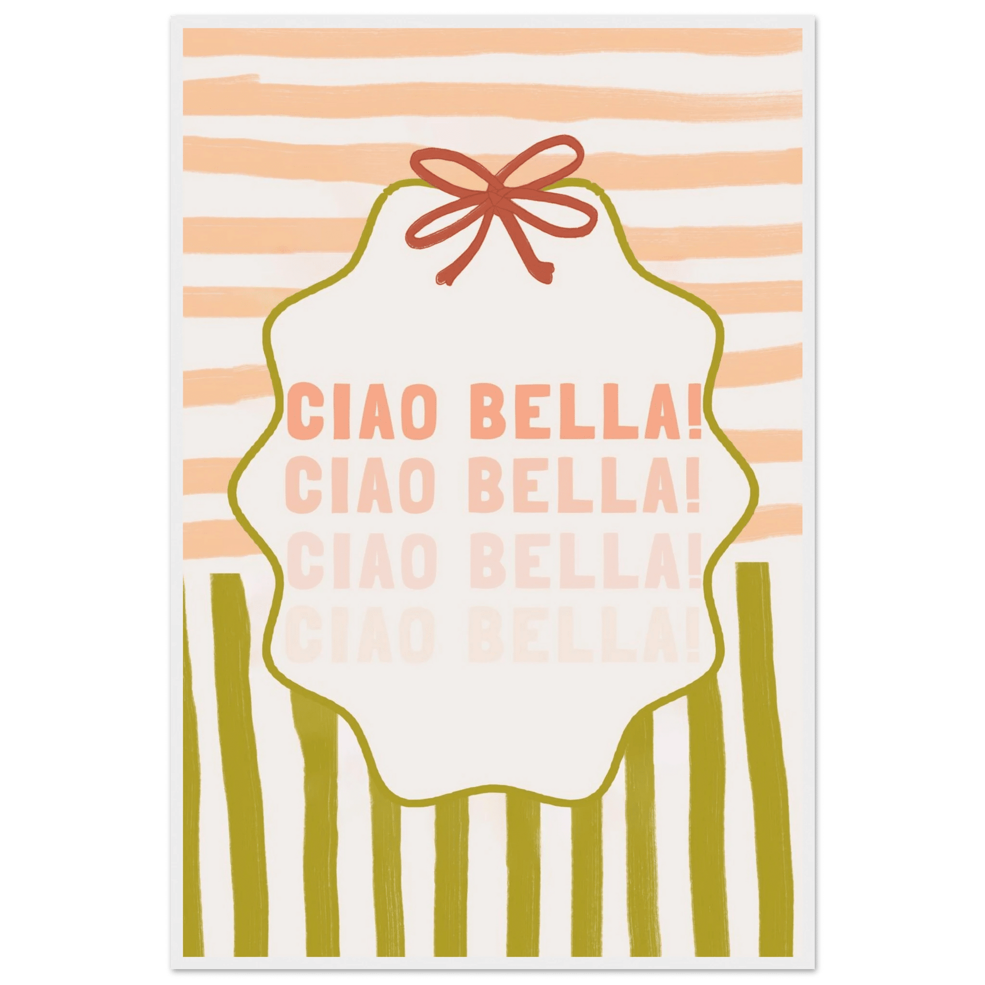 Ciao Bella Poster | Italian Typography Wall Art | Retro Stripe Bow Print | Cute Room Decor - Evergreen Posters