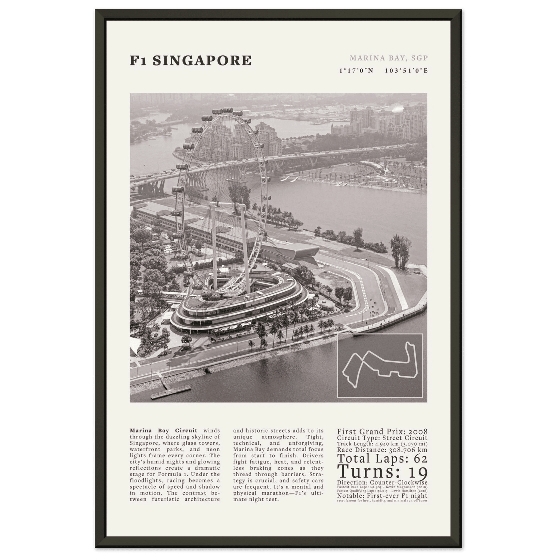F1 Singapore Poster Black and White – Vintage Marina Bay Night Race Print (Digital & Printed Options) - Evergreen Posters