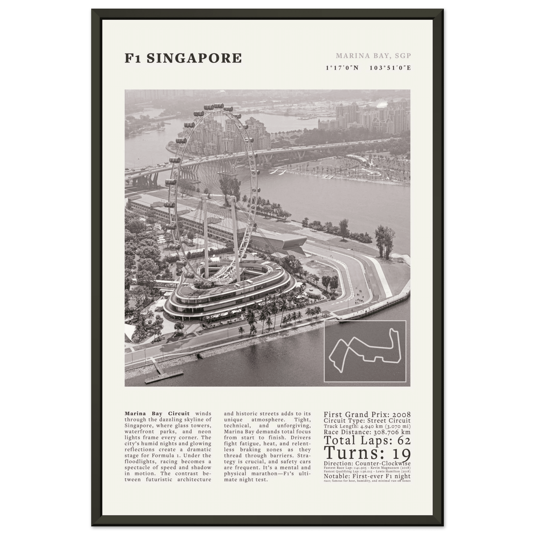 F1 Singapore Poster Black and White – Vintage Marina Bay Night Race Print (Digital & Printed Options) - Evergreen Posters