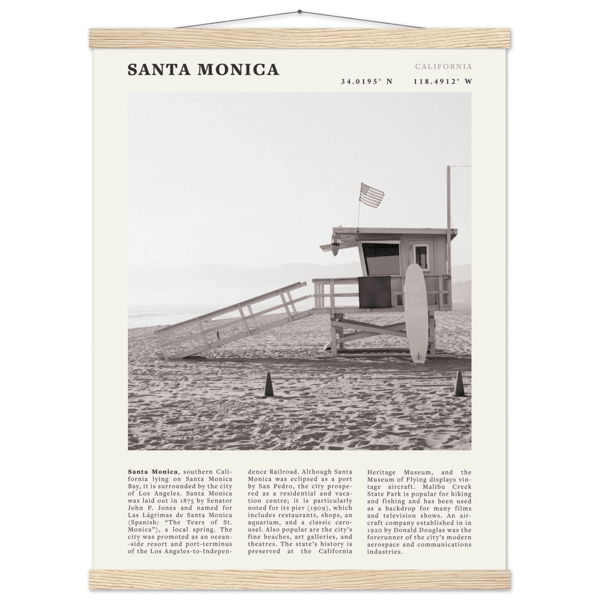 Santa Monica Poster | Black & White California Wall Art | Beach Travel Print | Coastal Decor - Evergreen Posters