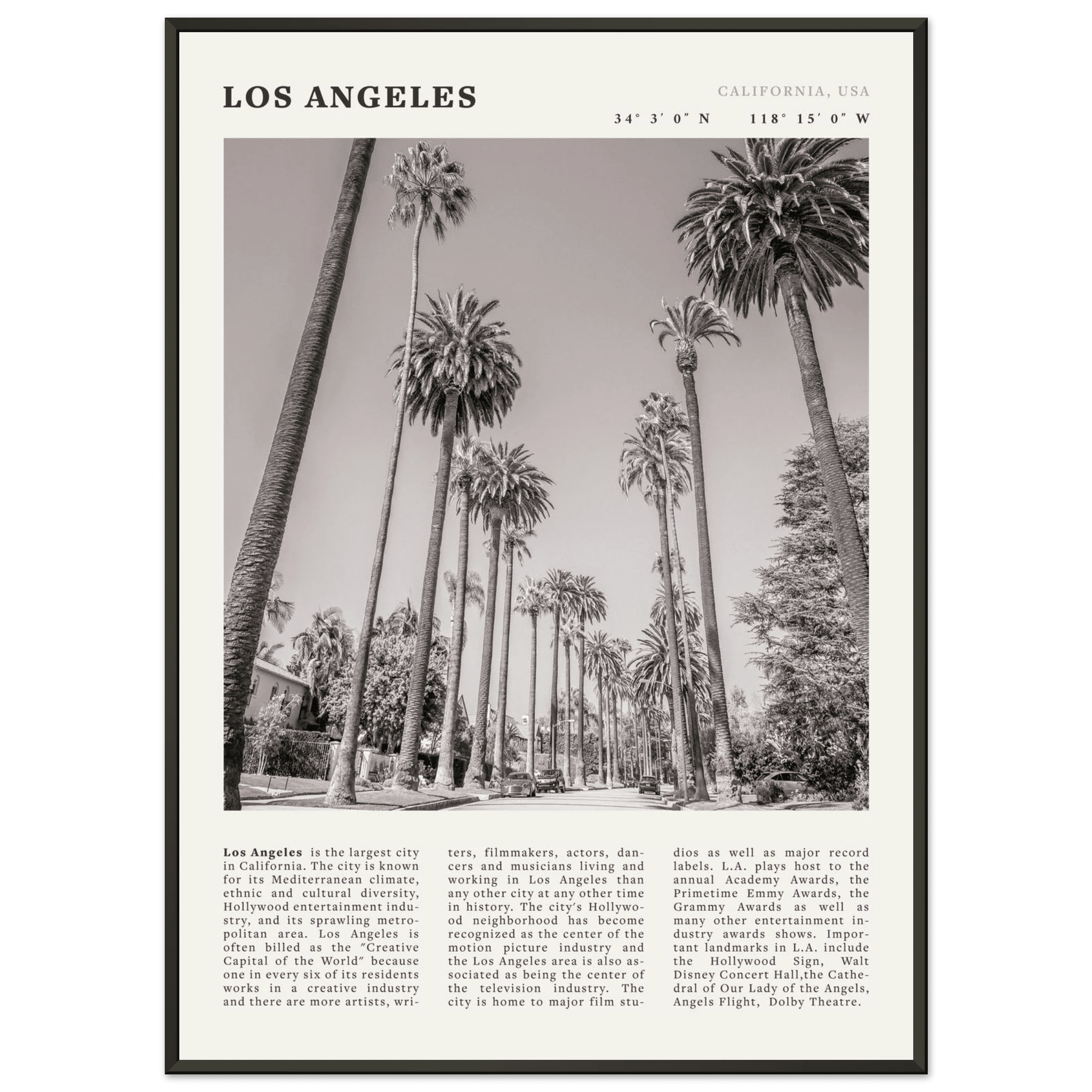 Los Angeles Poster | Black & White Palm Trees Wall Art | California Travel Print - Evergreen Posters