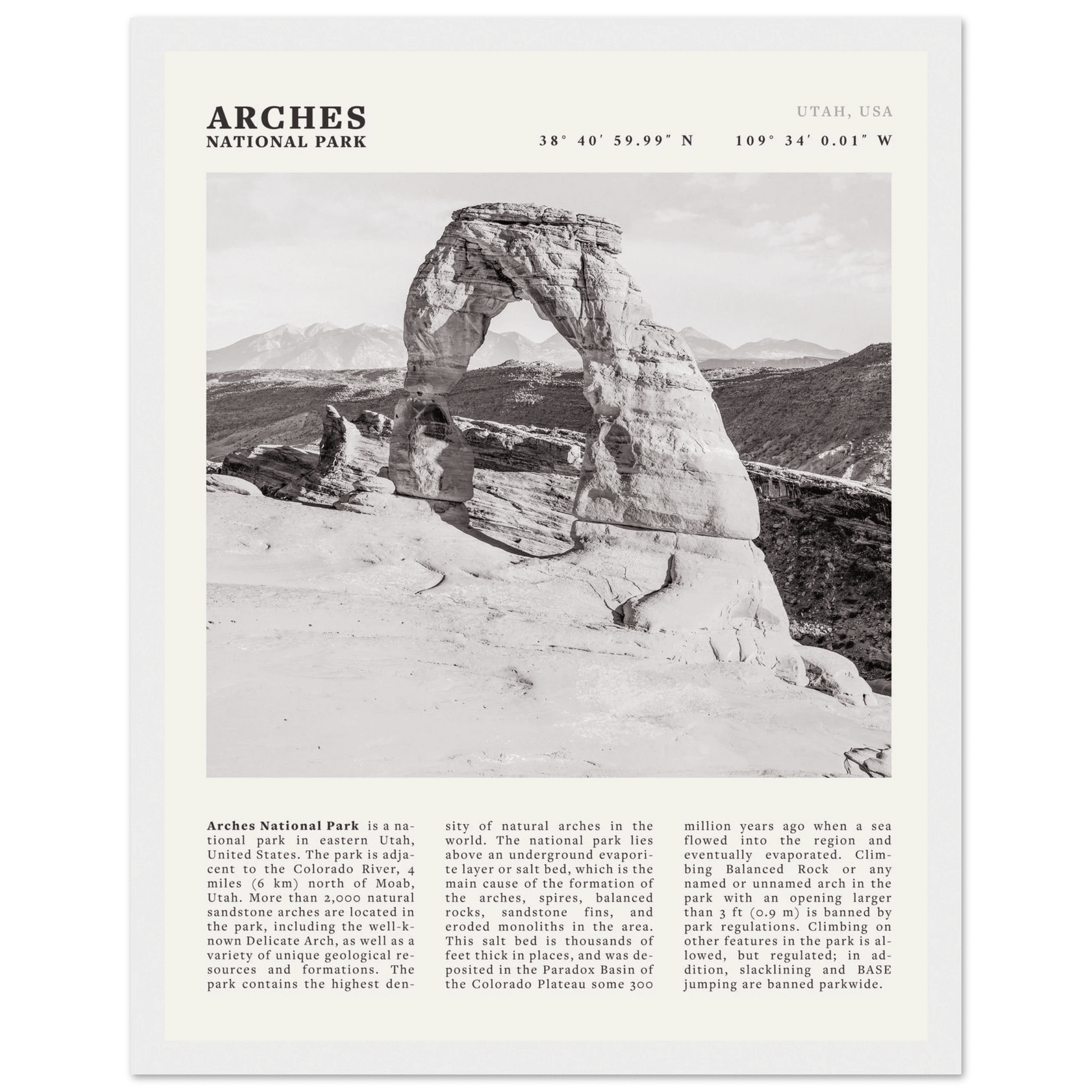 Arches National Park Poster | Black & White Utah Wall Art | Delicate Arch Print - Evergreen Posters