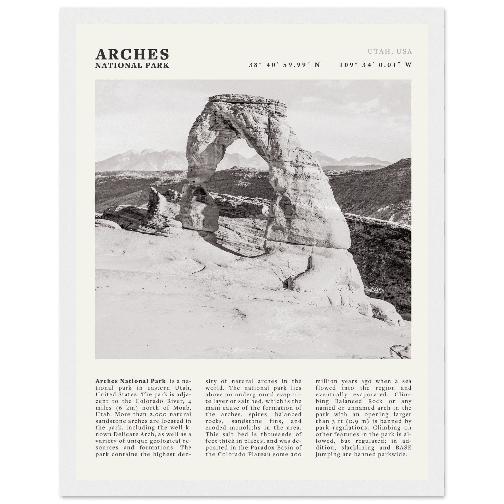 Arches National Park Poster | Black & White Utah Wall Art | Delicate Arch Print - Evergreen Posters
