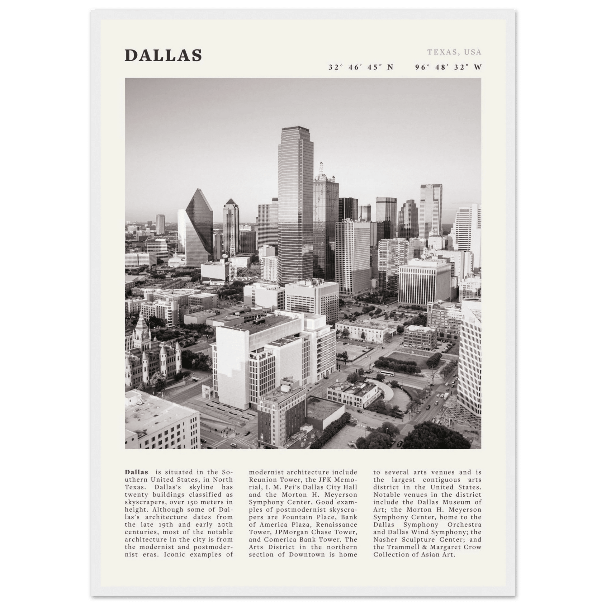 Dallas Poster | Black & White Texas Skyline Wall Art | City Travel Print Decor - Evergreen Posters