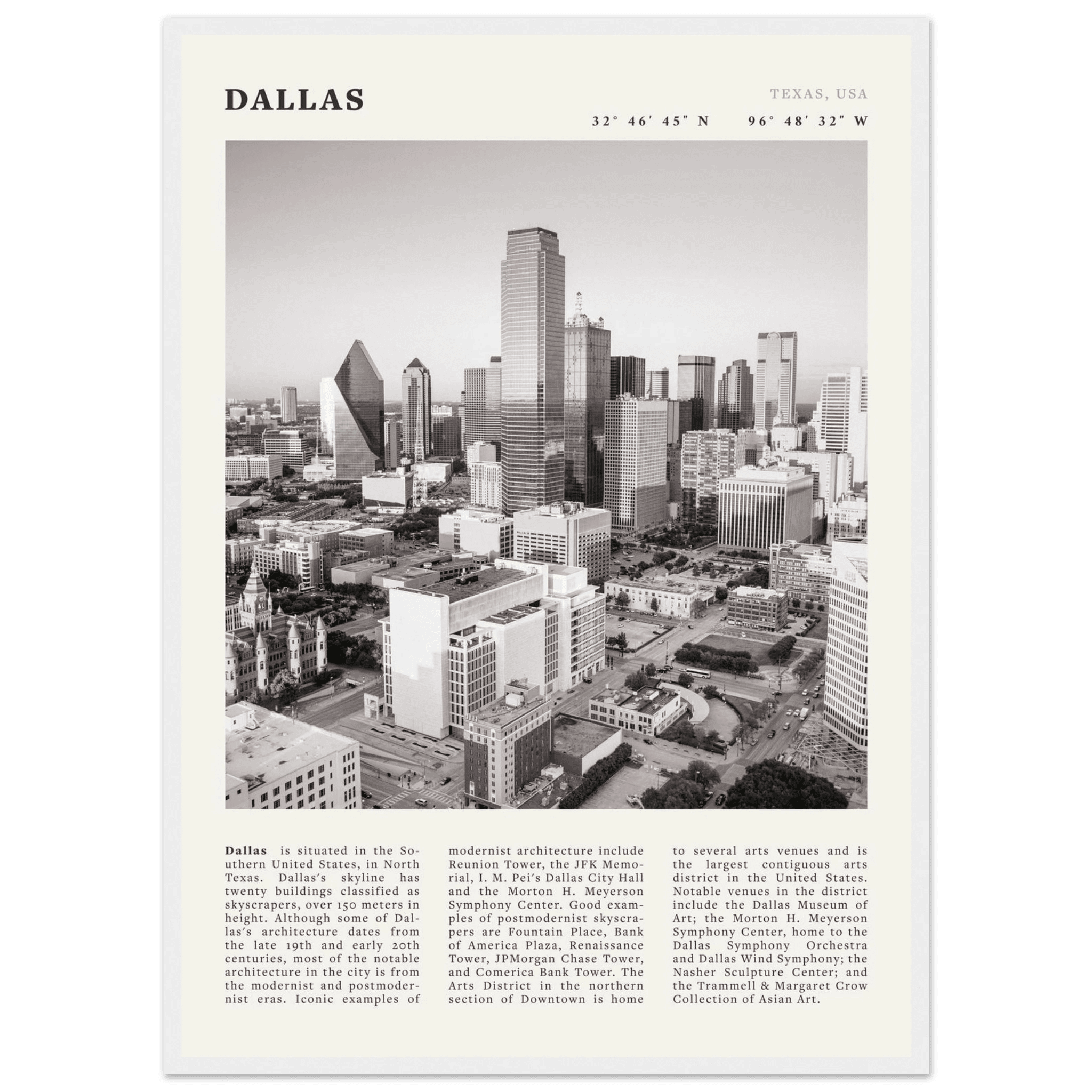 Dallas Poster | Black & White Texas Skyline Wall Art | City Travel Print Decor - Evergreen Posters