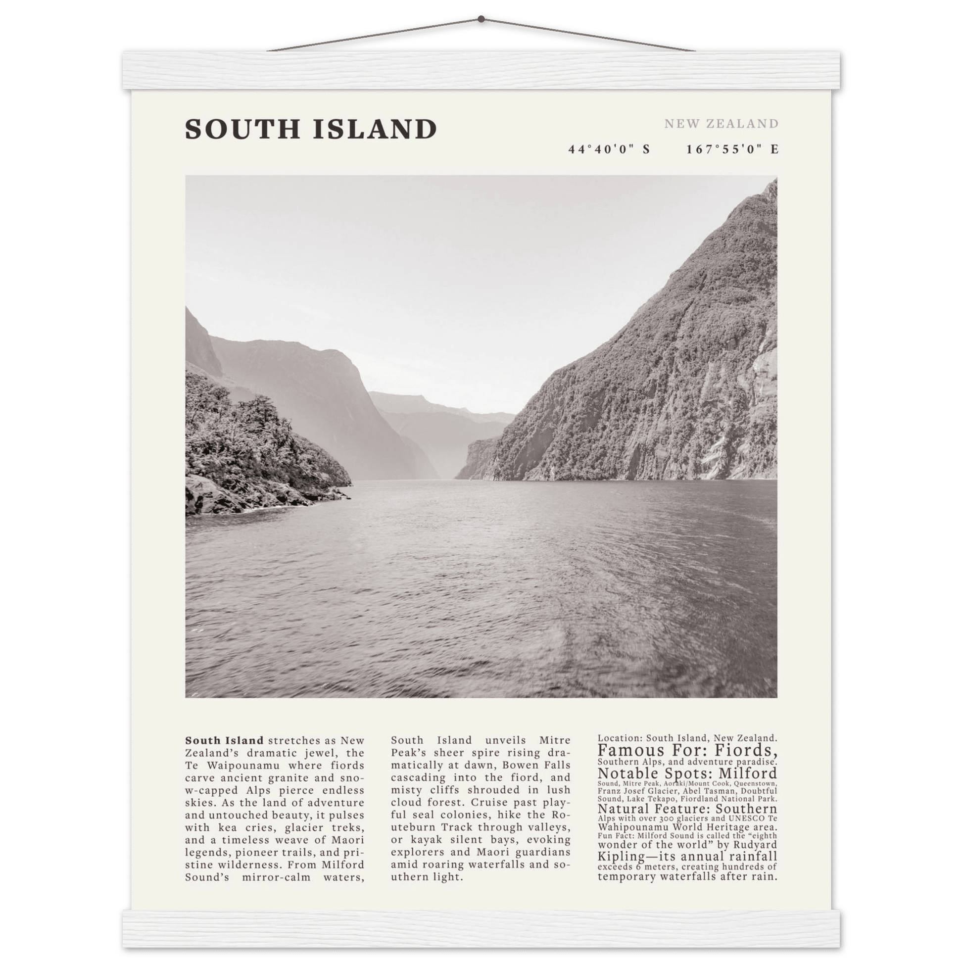 South Island New Zealand Poster Black and White – Vintage Milford Sound Fjord Print - Evergreen Posters