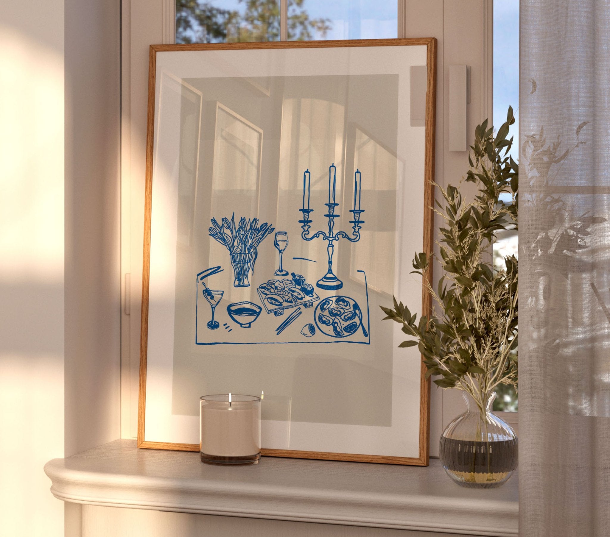 Fine Dining Table Print | Blue Line Art Kitchen Wall Art | Elegant Dining Room Poster - Evergreen Posters