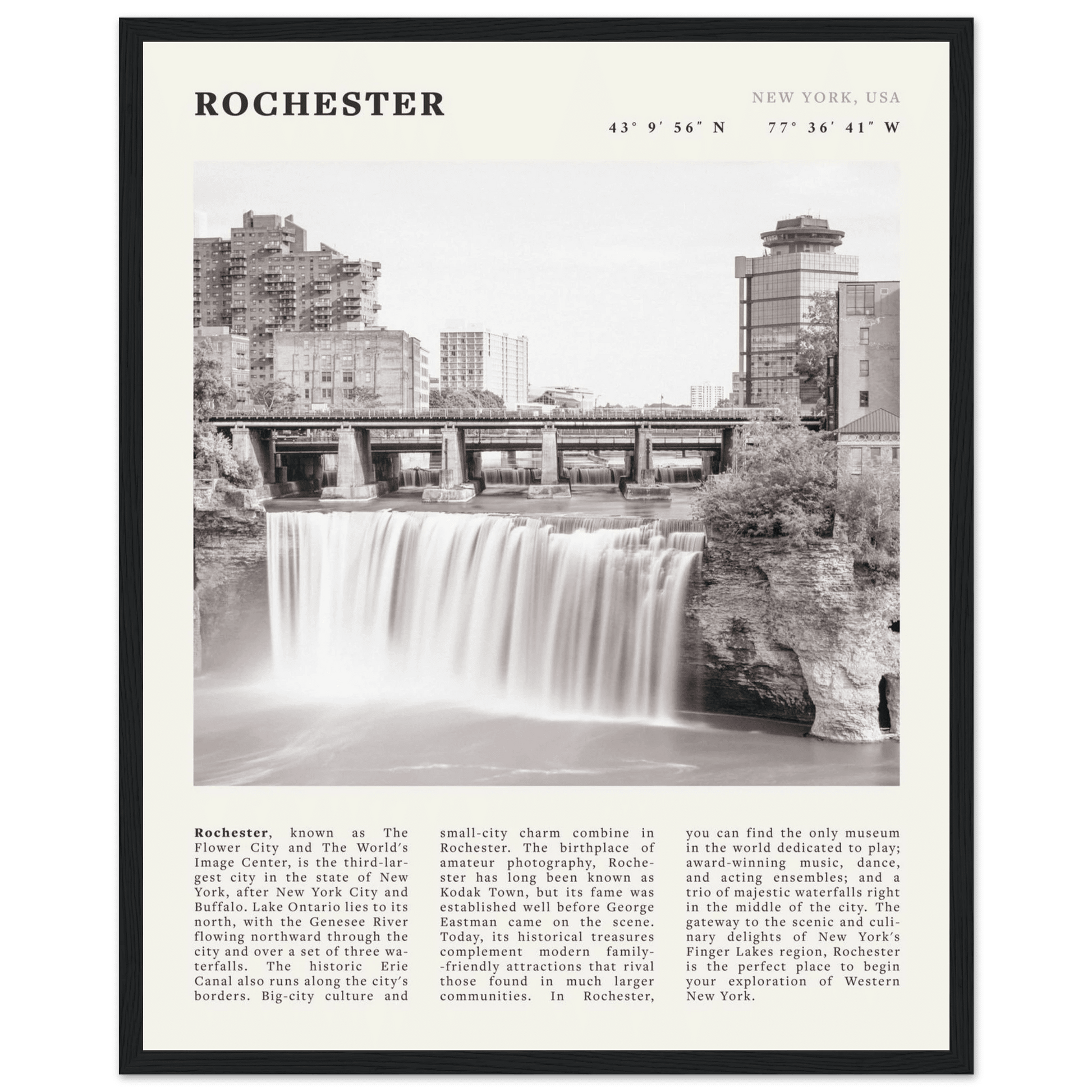 Rochester Poster | Black & White High Falls Wall Art | New York Travel Print - Evergreen Posters