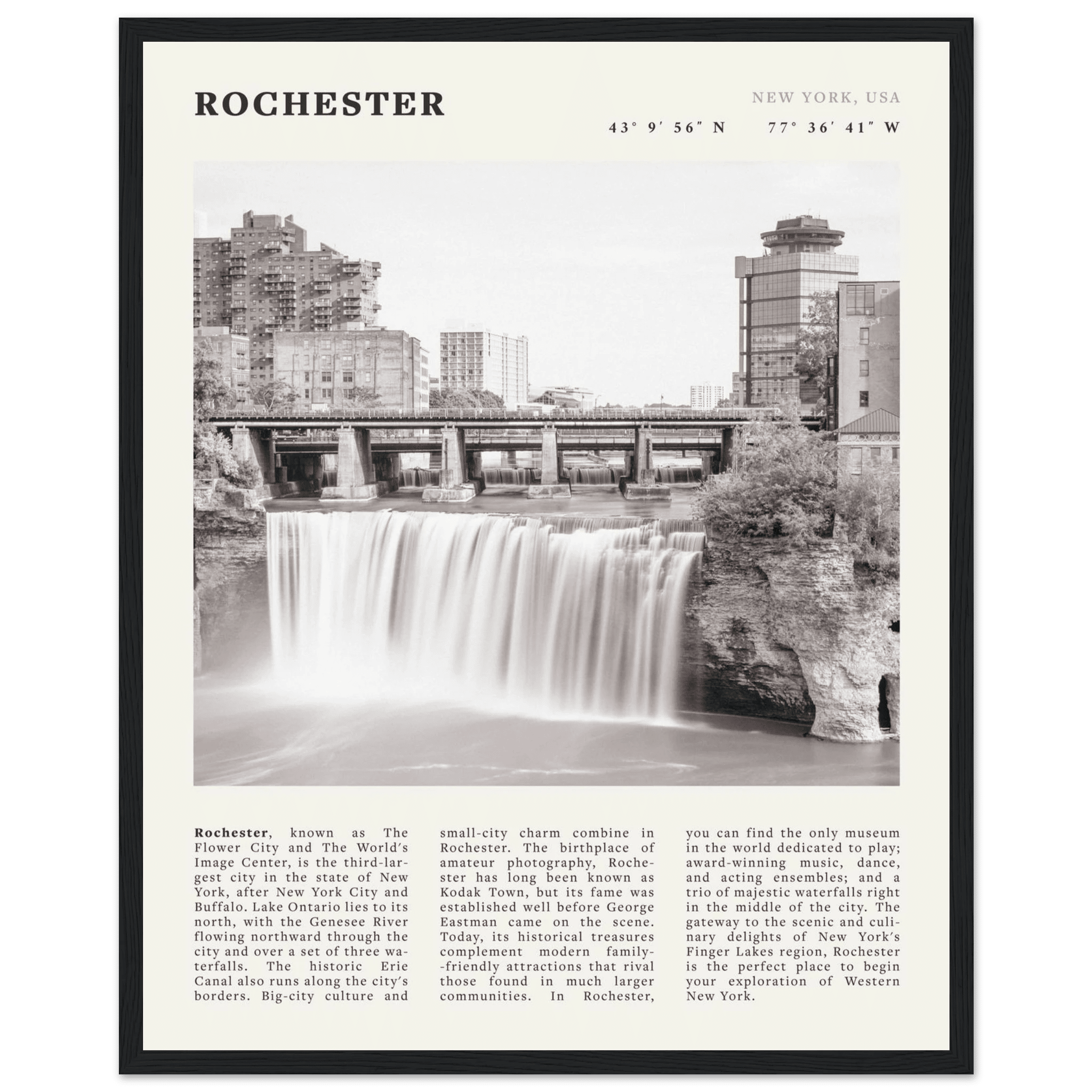 Rochester Poster | Black & White High Falls Wall Art | New York Travel Print - Evergreen Posters