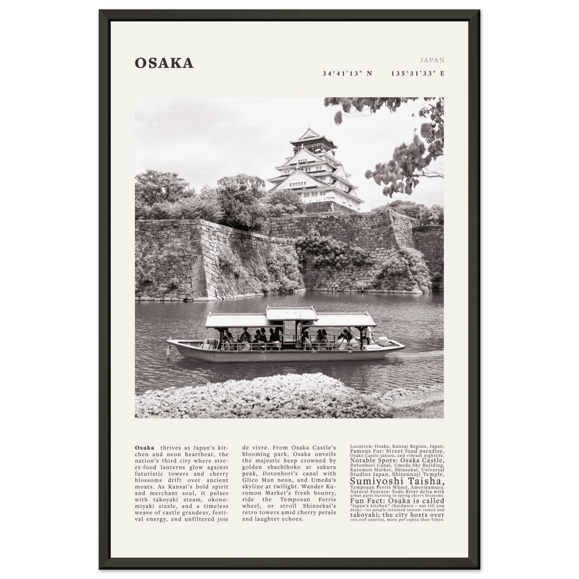 Osaka Poster Black and White – Vintage Osaka Castle Cherry Blossom Print (Digital & Printed Options) - Evergreen Posters