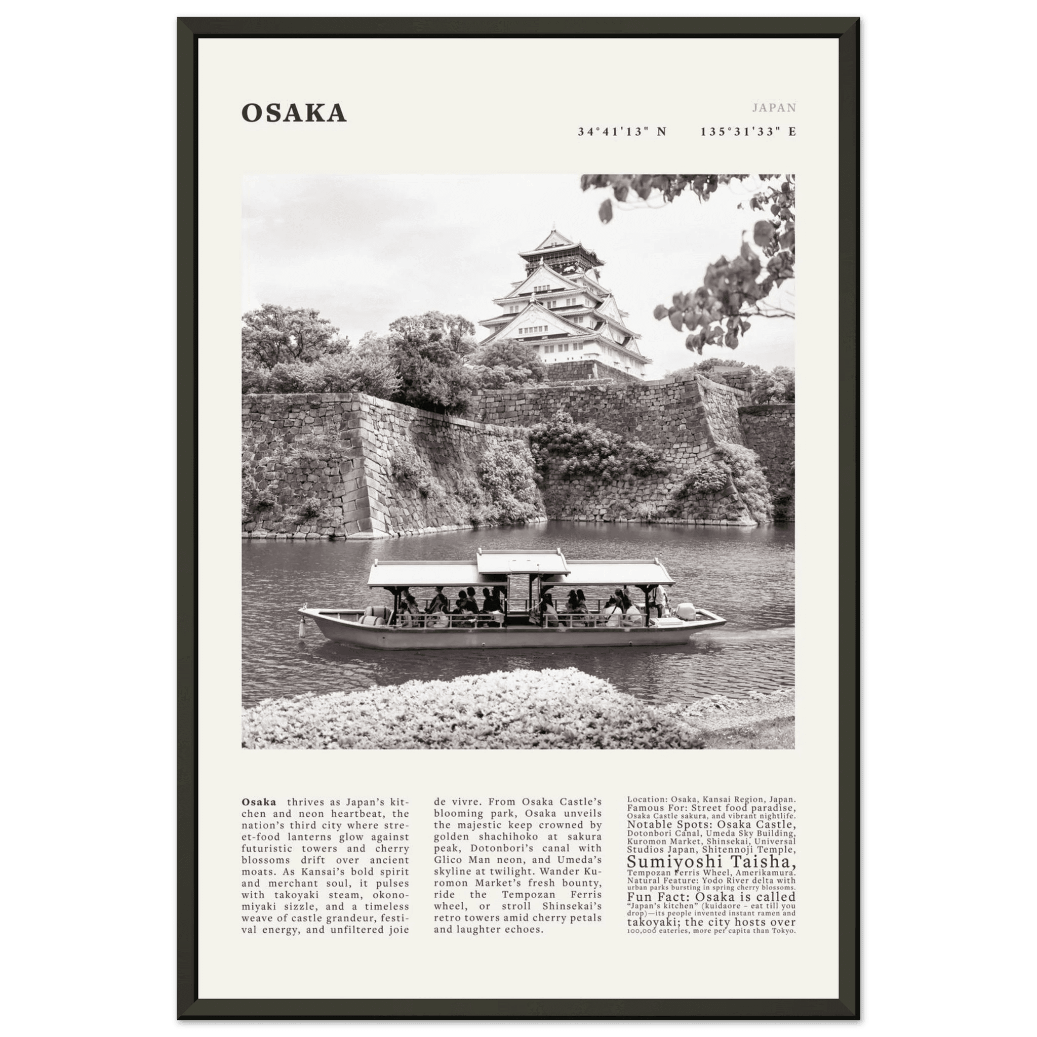 Osaka Poster Black and White – Vintage Osaka Castle Cherry Blossom Print (Digital & Printed Options) - Evergreen Posters