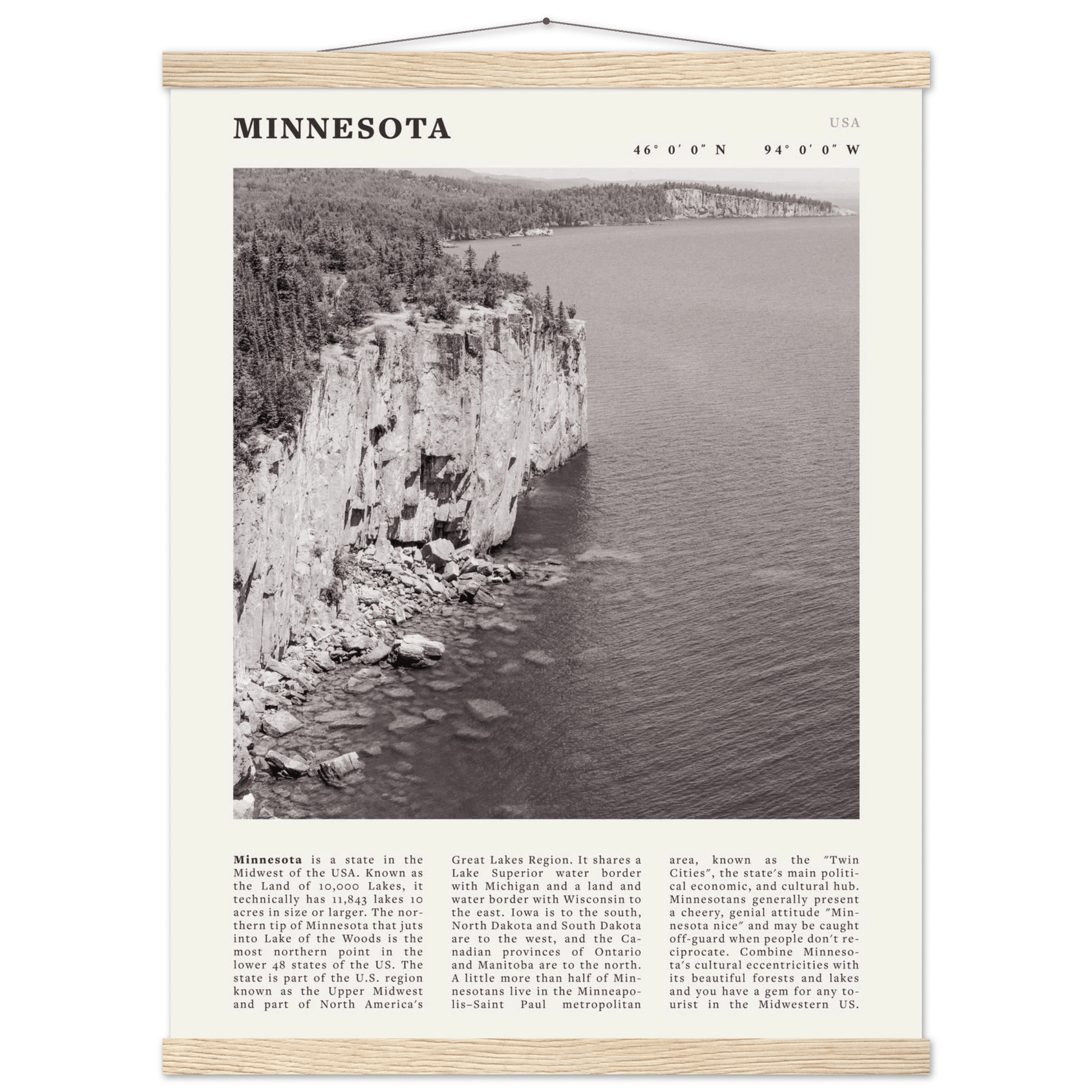 Minnesota Poster | Black & White Lake Superior Wall Art | USA Nature Travel Print - Evergreen Posters