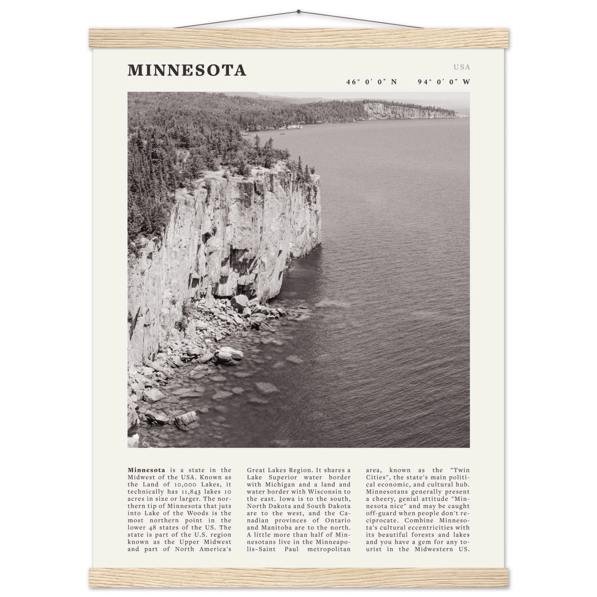 Minnesota Poster | Black & White Lake Superior Wall Art | USA Nature Travel Print - Evergreen Posters