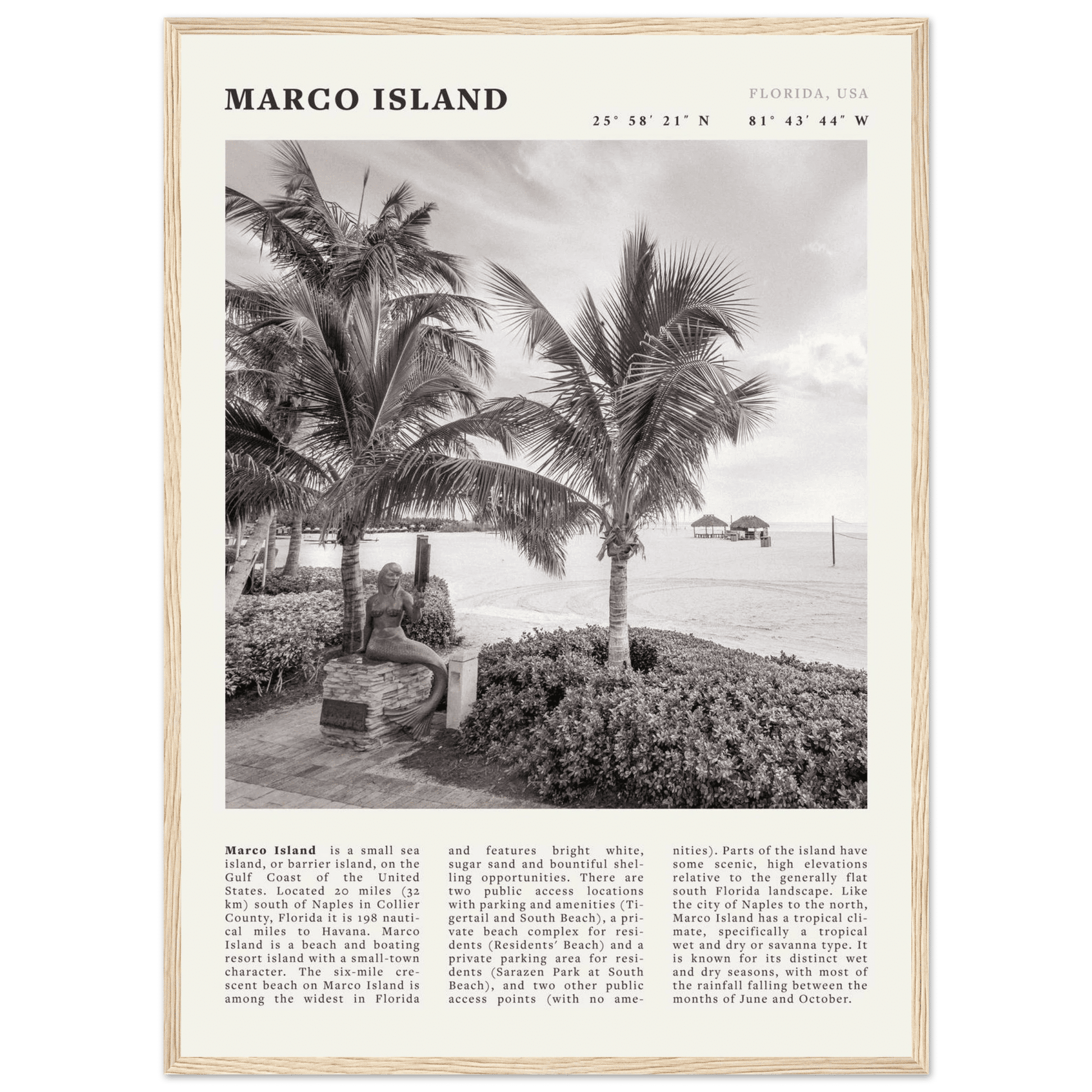 Marco Island Poster | Black & White Florida Beach Wall Art | Coastal Travel Print - Evergreen Posters