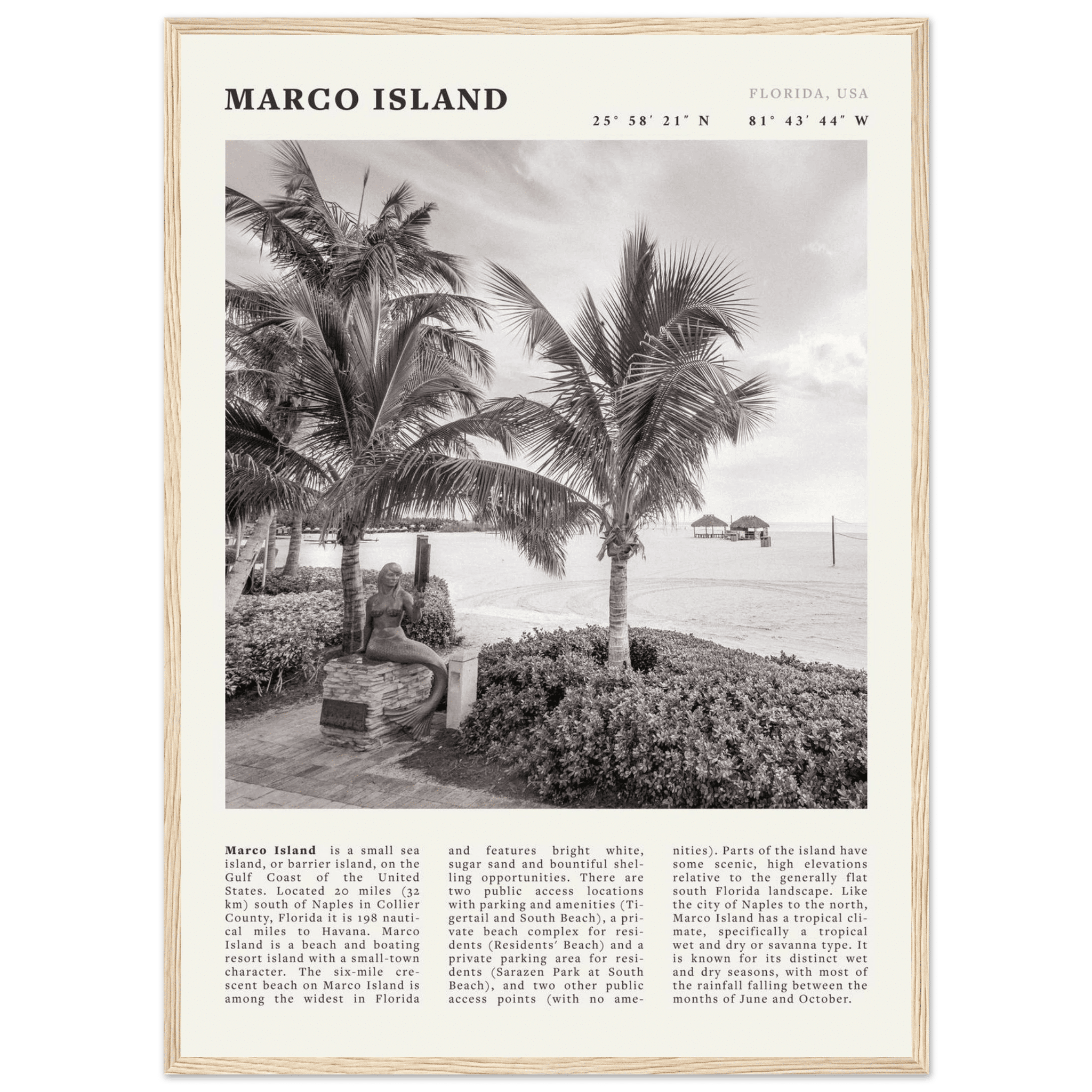 Marco Island Poster | Black & White Florida Beach Wall Art | Coastal Travel Print - Evergreen Posters