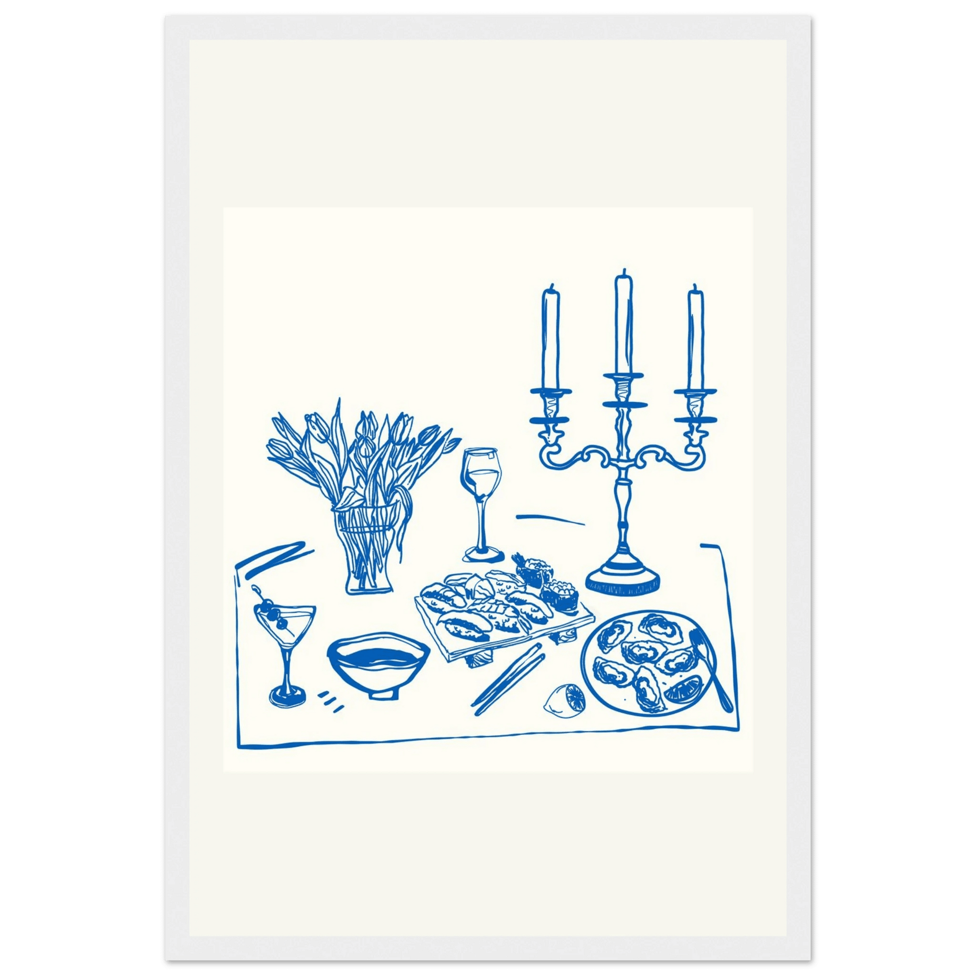 Fine Dining Table Print | Blue Line Art Kitchen Wall Art | Elegant Dining Room Poster - Evergreen Posters