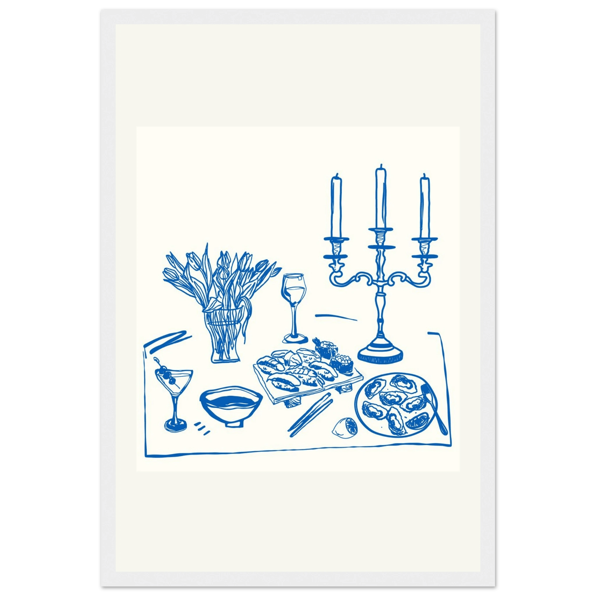 Fine Dining Table Print | Blue Line Art Kitchen Wall Art | Elegant Dining Room Poster - Evergreen Posters