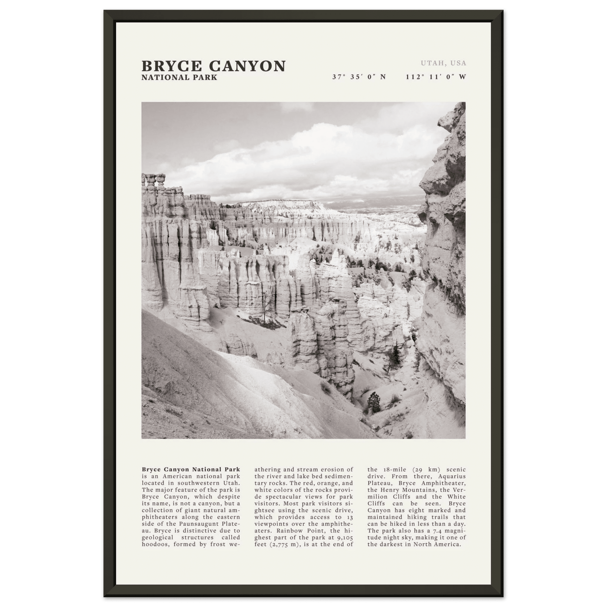 Bryce Canyon National Park Poster | Black & White Utah Hoodoos Wall Art Print - Evergreen Posters - 13