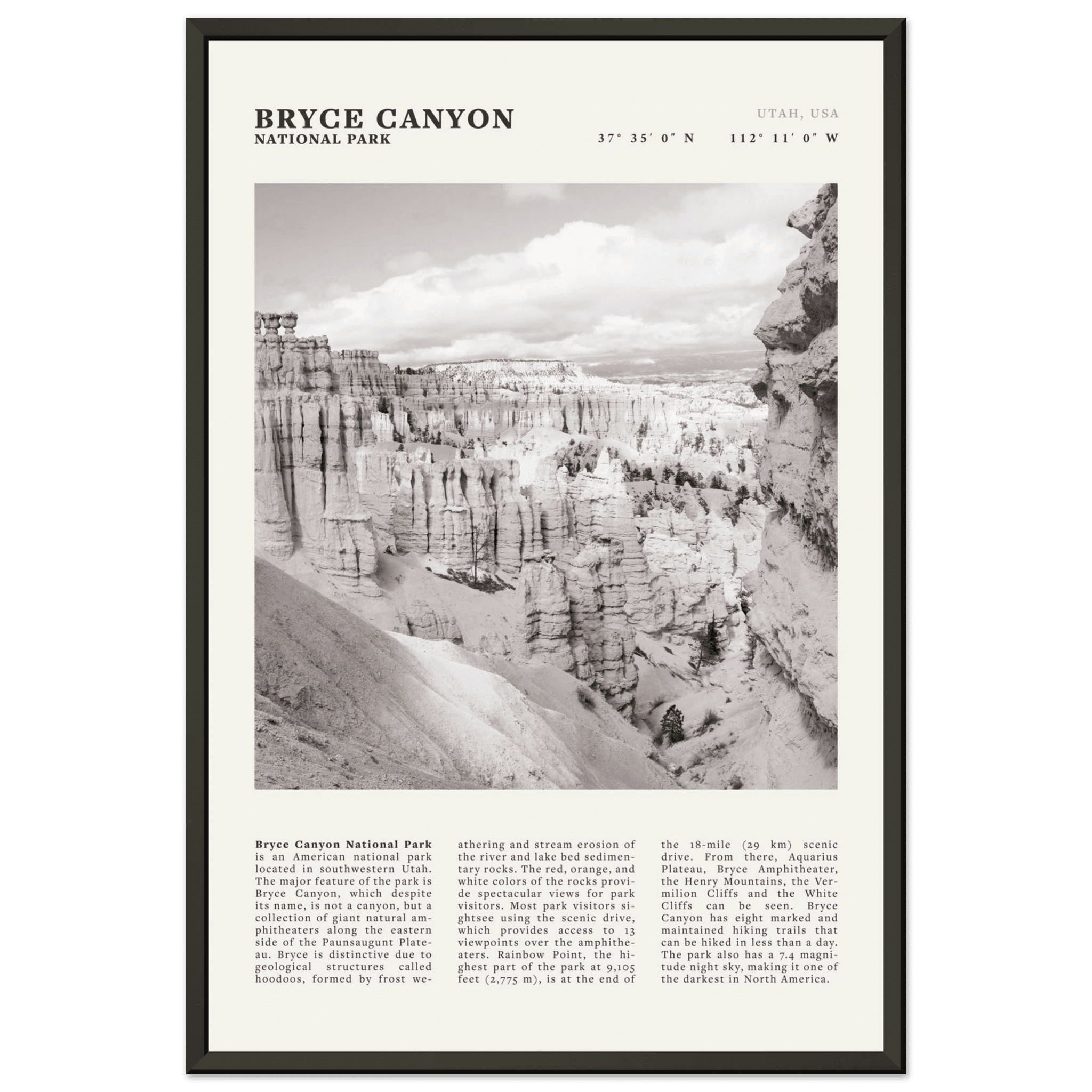 Bryce Canyon National Park Poster | Black & White Utah Hoodoos Wall Art Print - Evergreen Posters - 13